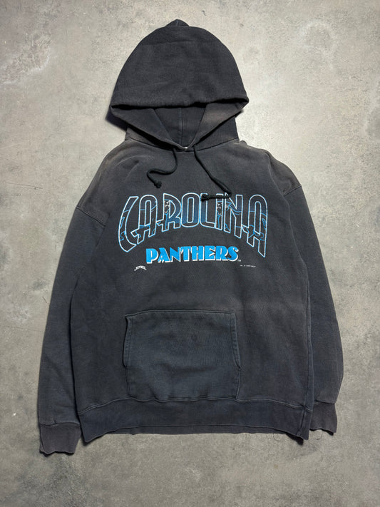 1993 Carolina Panthers Vintage Black Sun Faded Nutmeg Mills Full Alternate Cat Logo Spellout NFL Hoodie (Large)