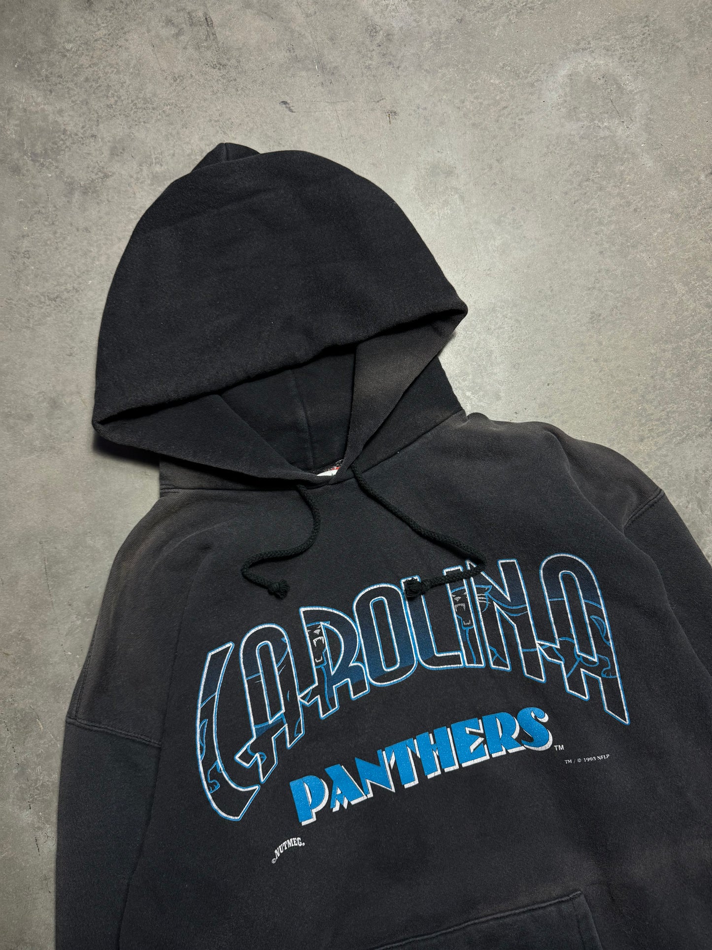 1993 Carolina Panthers Vintage Black Sun Faded Nutmeg Mills Full Alternate Cat Logo Spellout NFL Hoodie (Large)