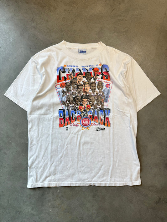 1990 Detroit Pistons Faded Vintage Back to Back NBA Finals Champions Salem Sportswear Caricature Tee (XL)