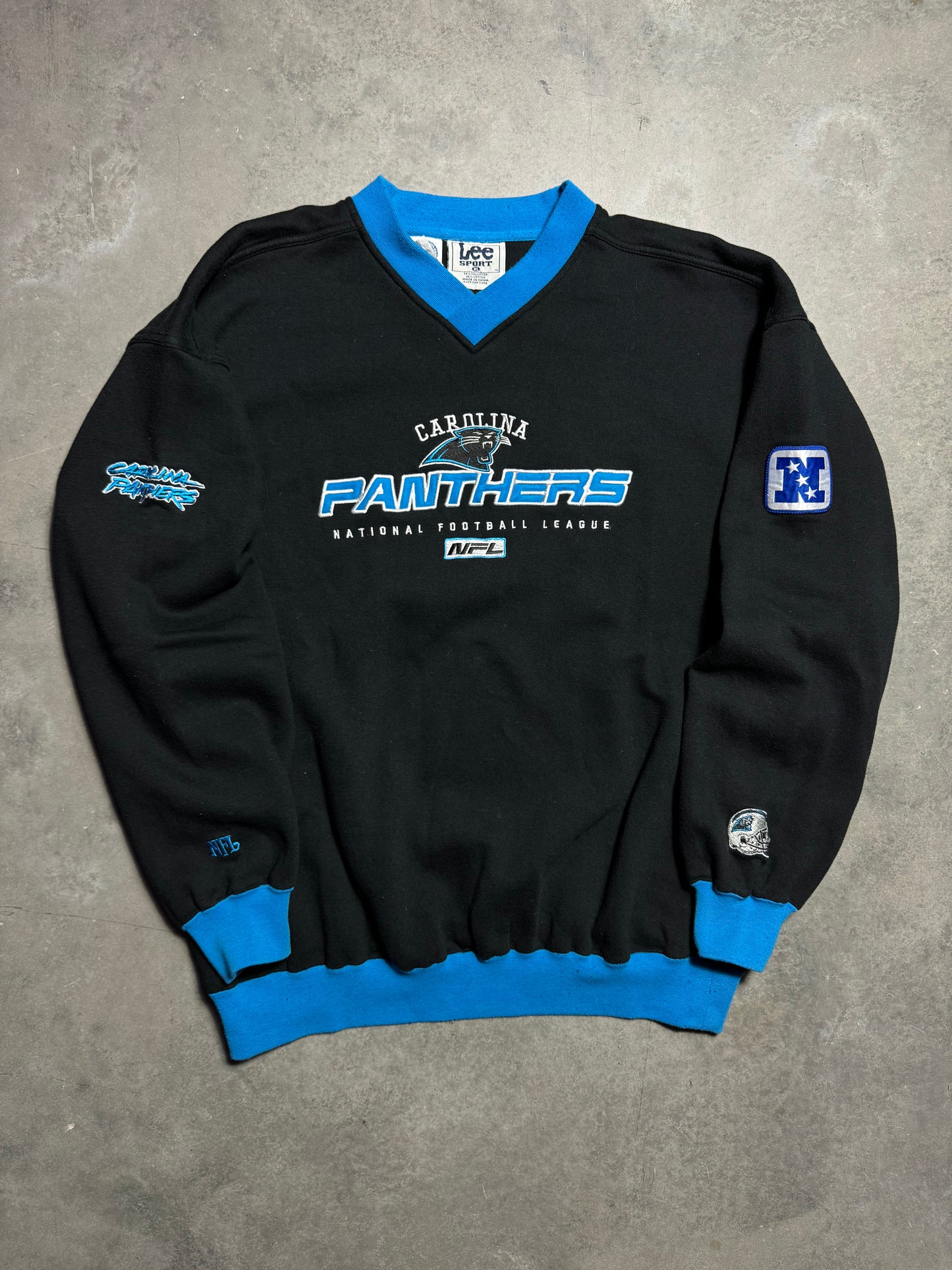 90’s Carolina Panthers Vintage Black Lee Sport Multi Logo Embroidered Ribbed NFL Crewneck (XL)