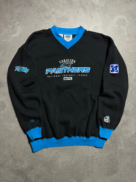 90’s Carolina Panthers Vintage Black Lee Sport Multi Logo Embroidered Ribbed NFL Crewneck (XL)