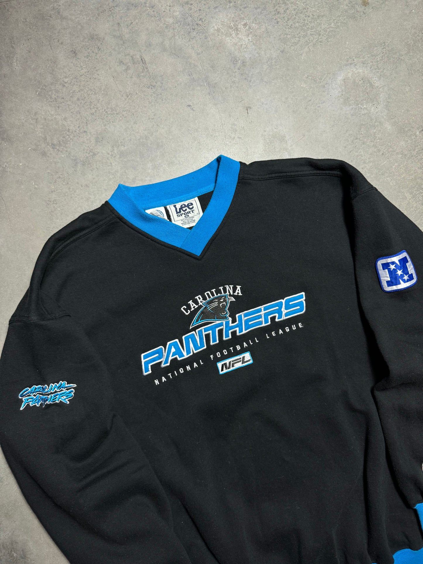 90’s Carolina Panthers Vintage Black Lee Sport Multi Logo Embroidered Ribbed NFL Crewneck (XL)