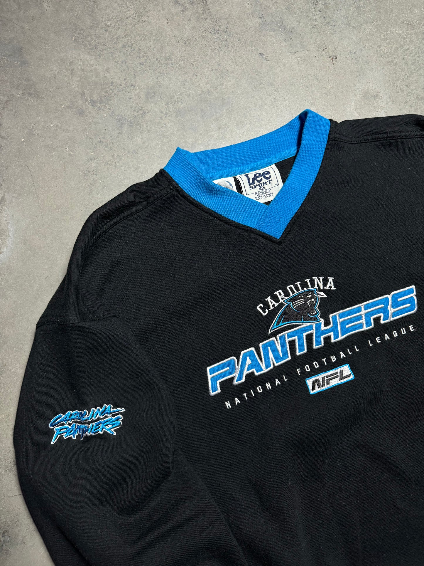 90’s Carolina Panthers Vintage Black Lee Sport Multi Logo Embroidered Ribbed NFL Crewneck (XL)