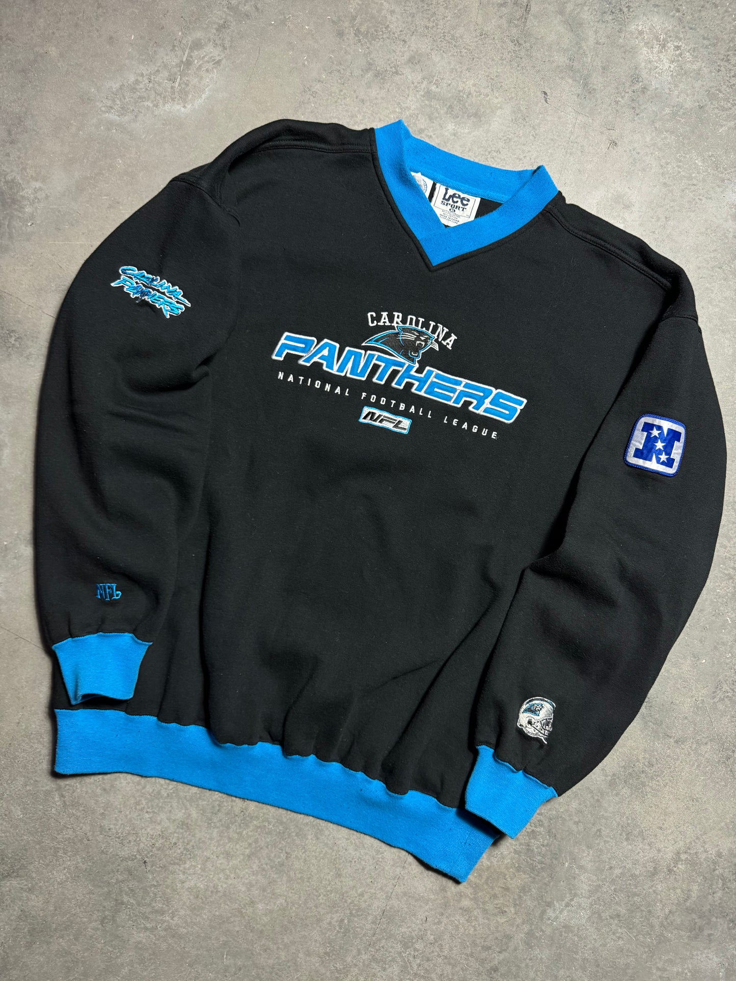 90’s Carolina Panthers Vintage Black Lee Sport Multi Logo Embroidered Ribbed NFL Crewneck (XL)