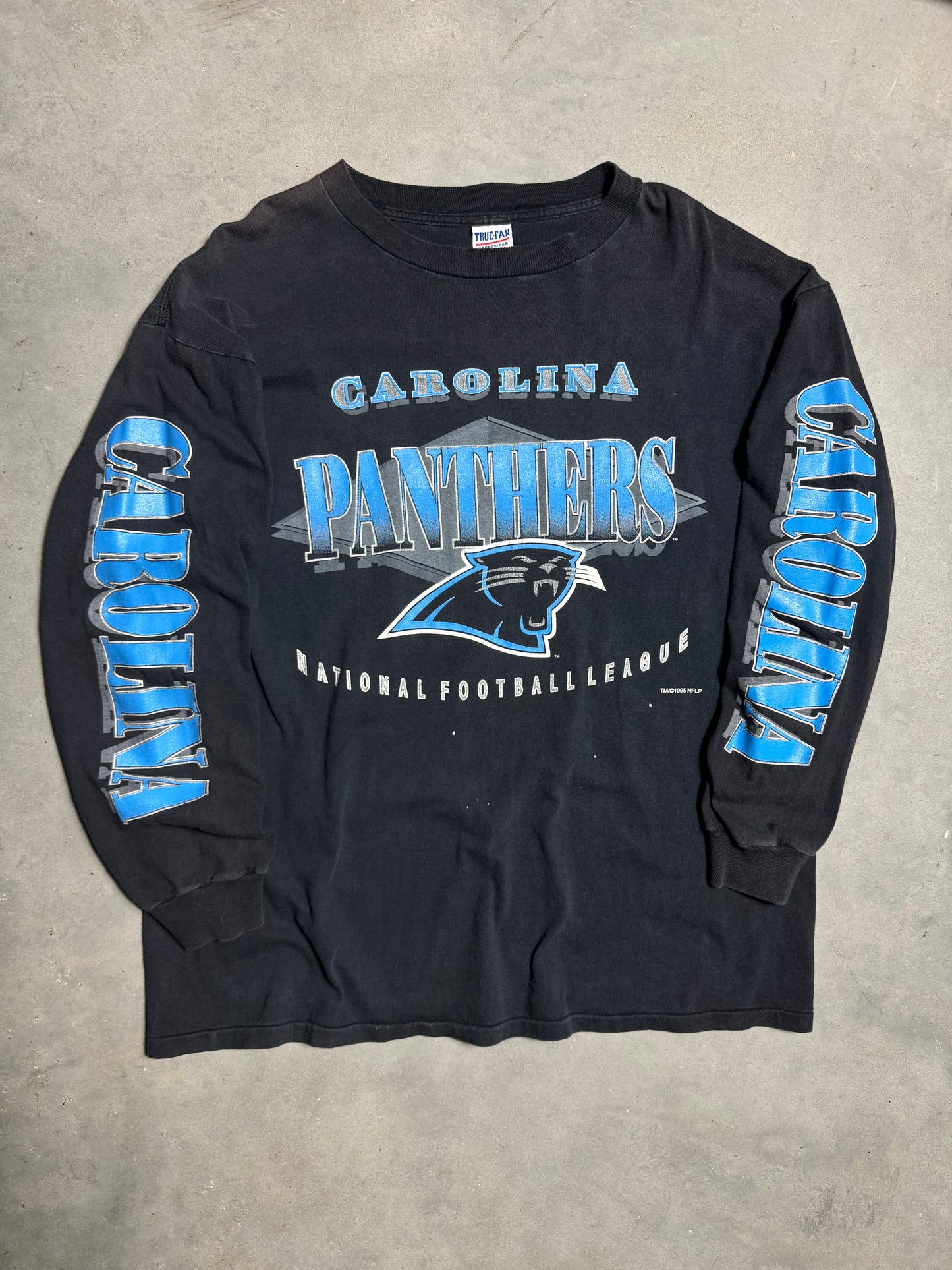 1995 Carolina Panthers Vintage Faded Black Arm Spellout Longsleeve NFL Tee (XL)