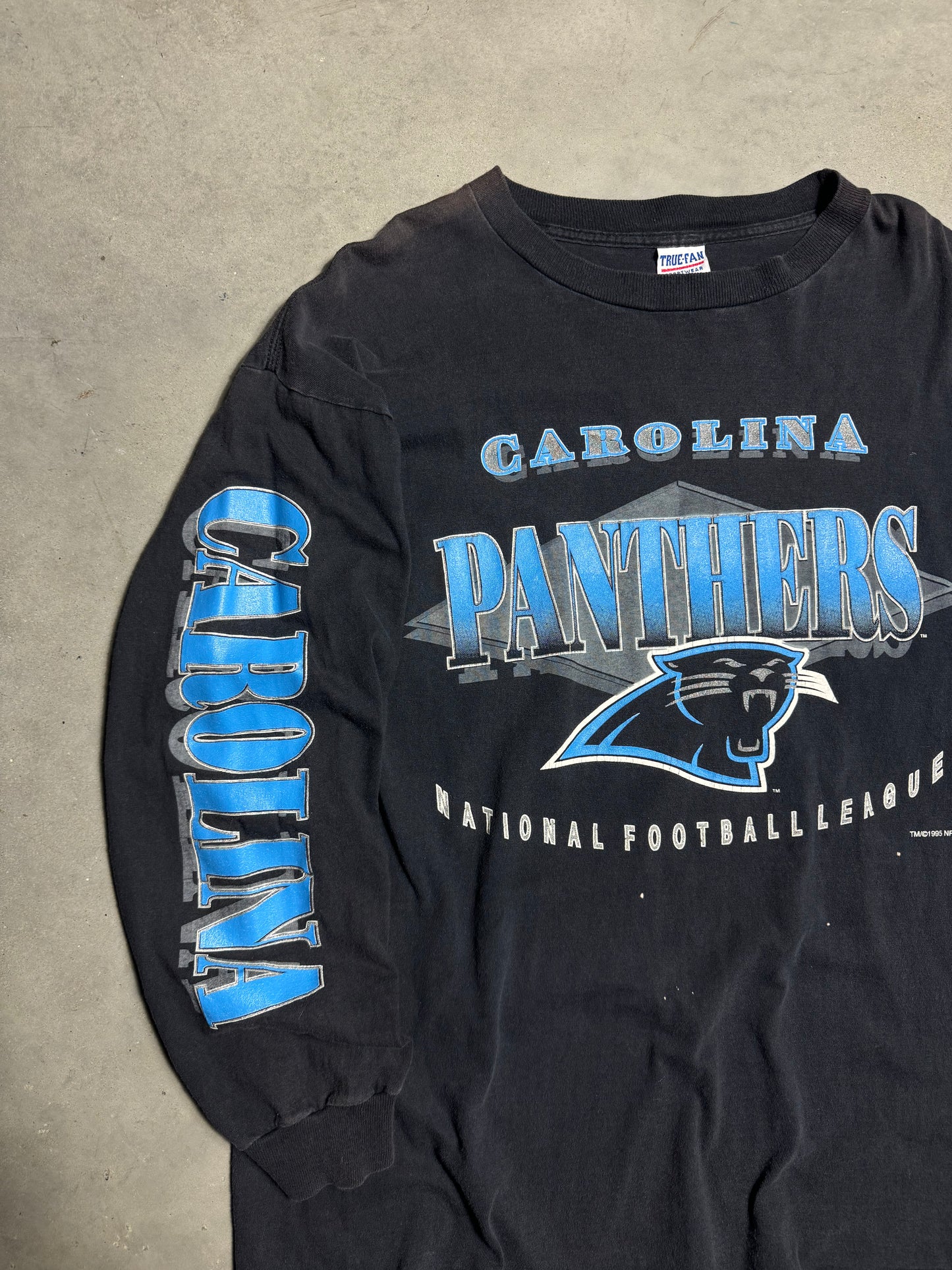 1995 Carolina Panthers Vintage Faded Black Arm Spellout Longsleeve NFL Tee (XL)