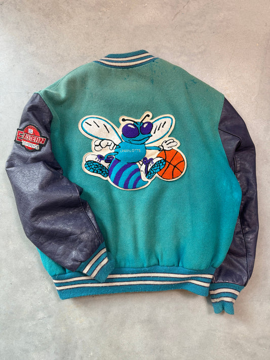 90’s Charlotte Hornets Vintage Delong Wool Leather Made in USA Letterman Varisty NBA Jacket (46/Large)