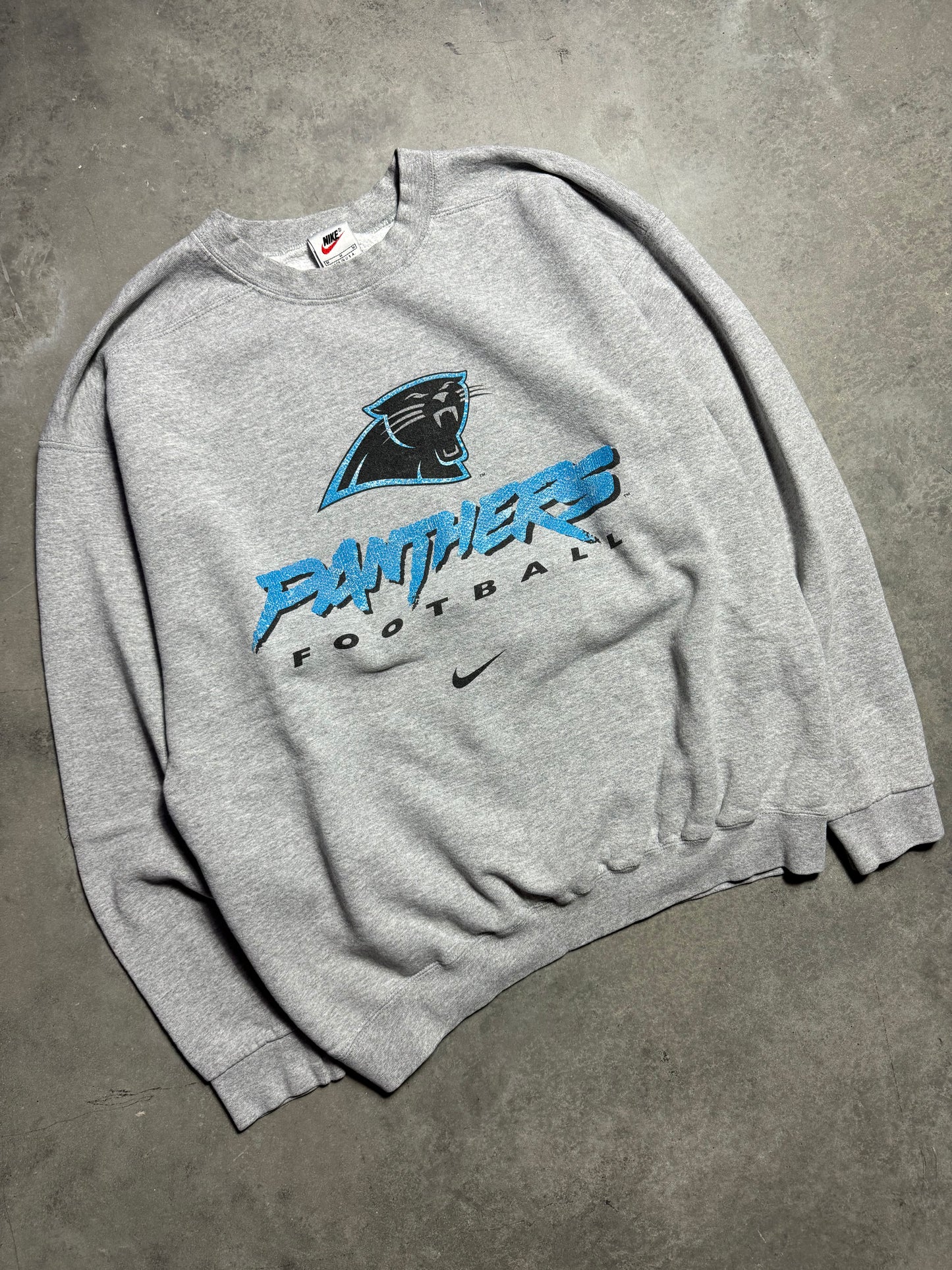 2000 Carolina Panthers Vintage Grey Nike Cat Scratch Font NFL Crewneck (Medium)