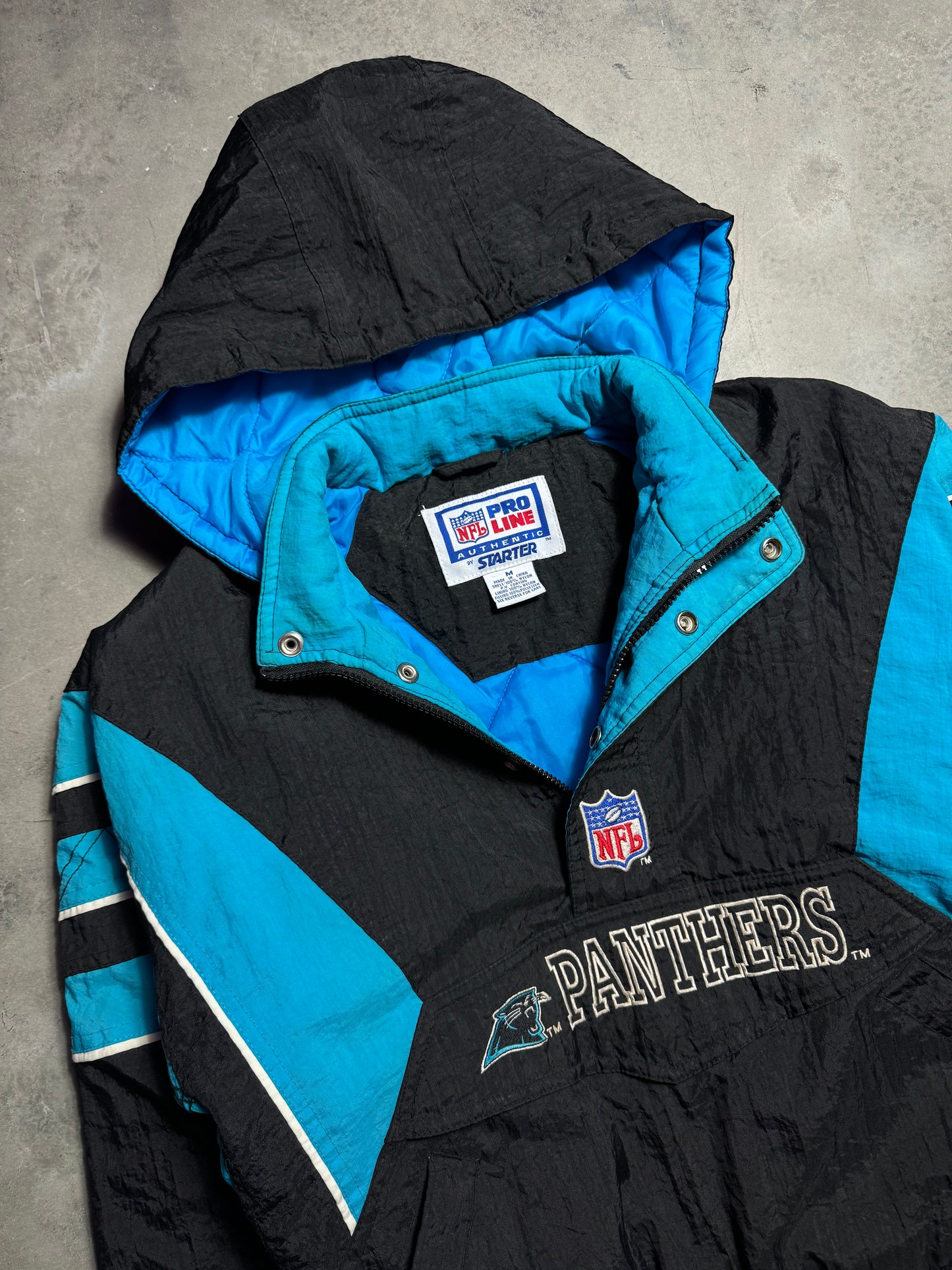 90’s Carolina Panthers Vintage Black Starter Half Zip NFL Puffer Jacket (Youth Medium)