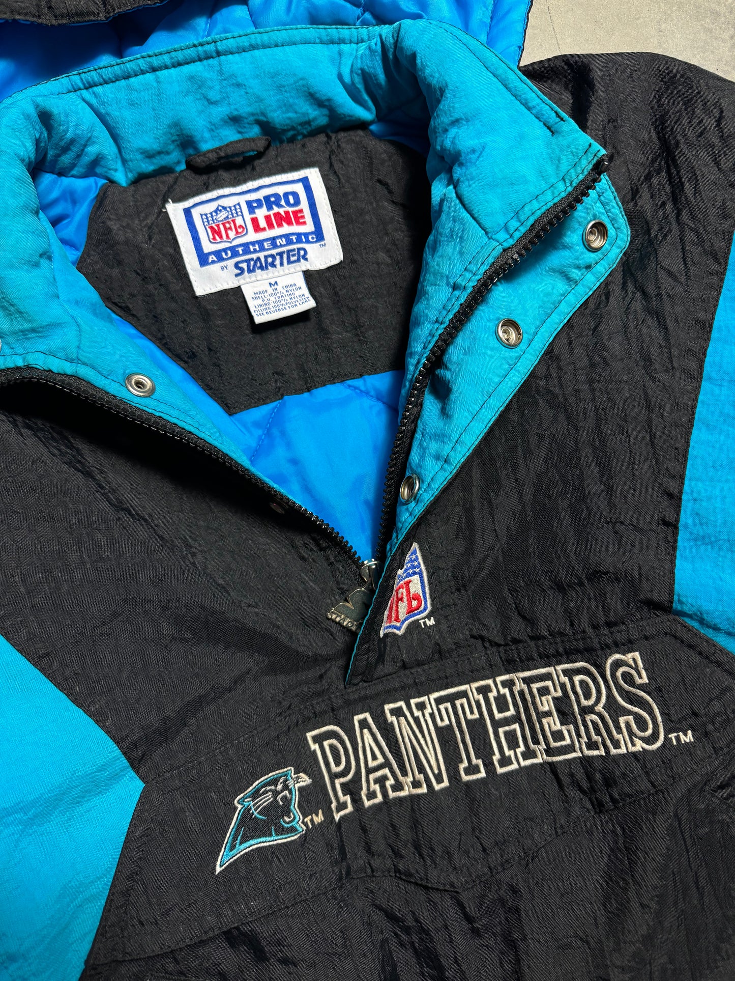 90’s Carolina Panthers Vintage Black Starter Half Zip NFL Puffer Jacket (Youth Medium)