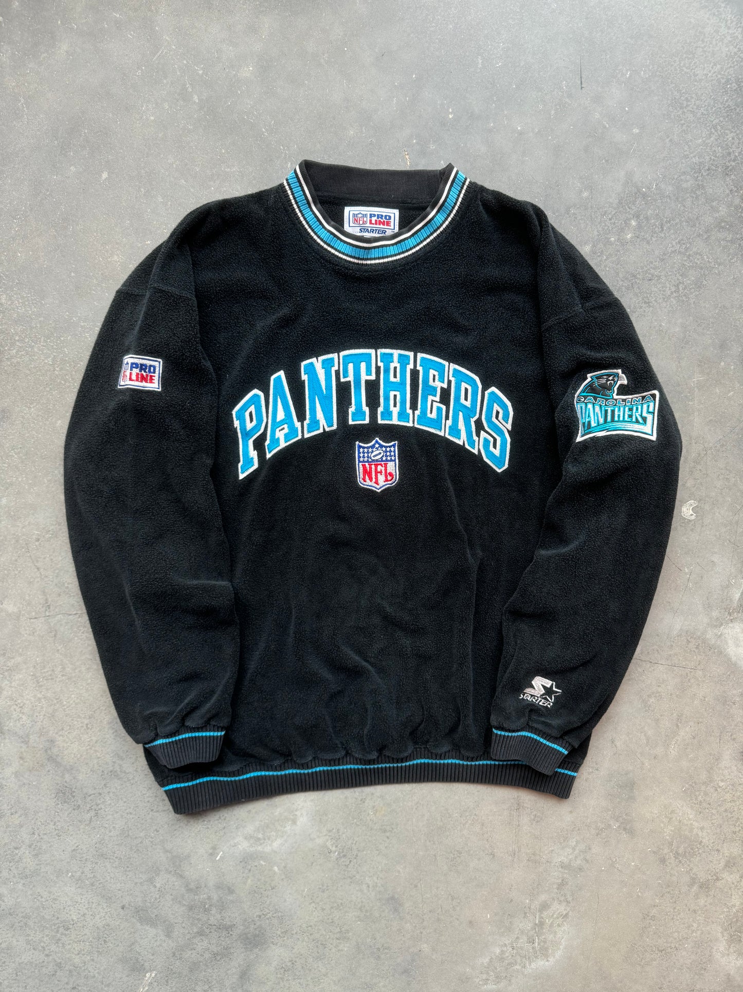 90’s Carolina Panthers Vintage Starter Reverse Fleece Ribbed Embroidered NFL Heavyweight Crewneck (Large)