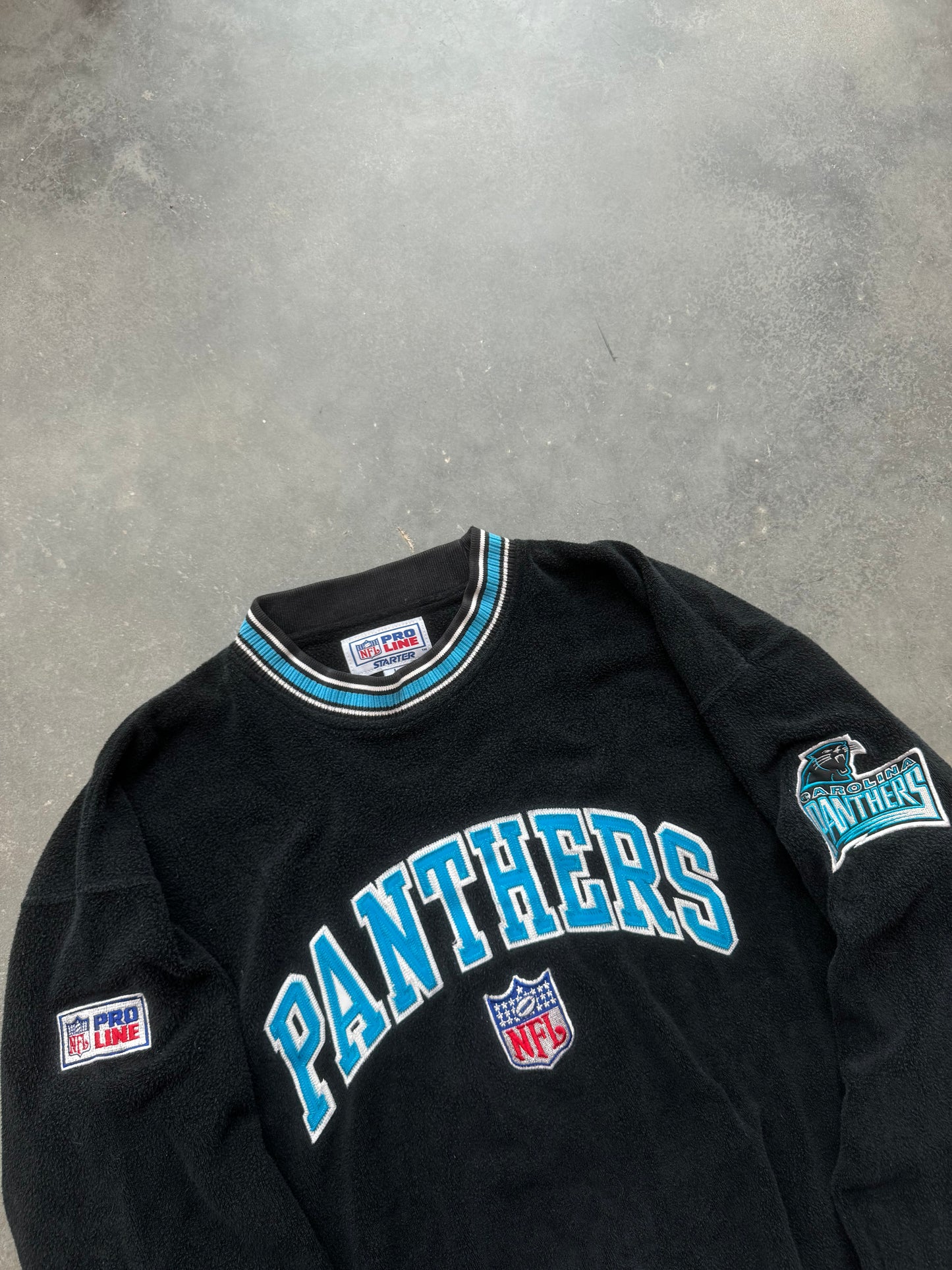 90’s Carolina Panthers Vintage Starter Reverse Fleece Ribbed Embroidered NFL Heavyweight Crewneck (Large)