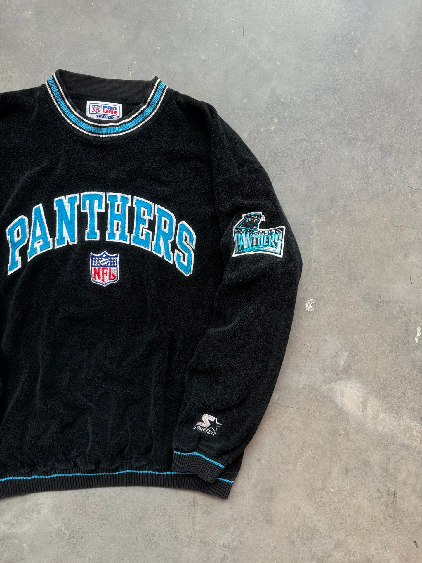 90’s Carolina Panthers Vintage Starter Reverse Fleece Ribbed Embroidered NFL Heavyweight Crewneck (Large)