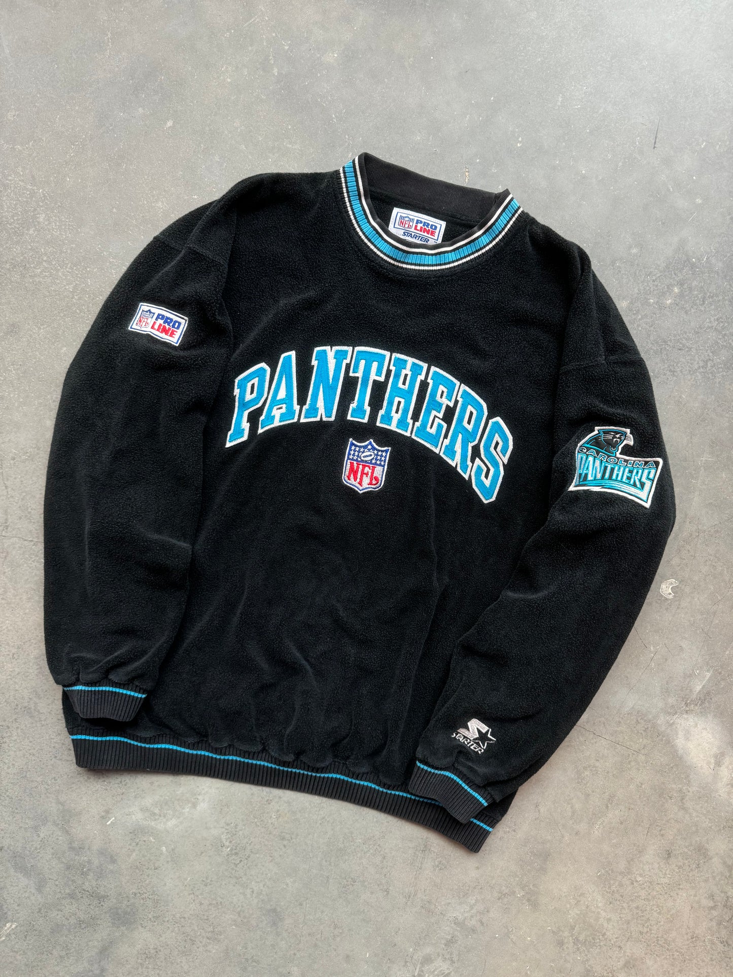 90’s Carolina Panthers Vintage Starter Reverse Fleece Ribbed Embroidered NFL Heavyweight Crewneck (Large)