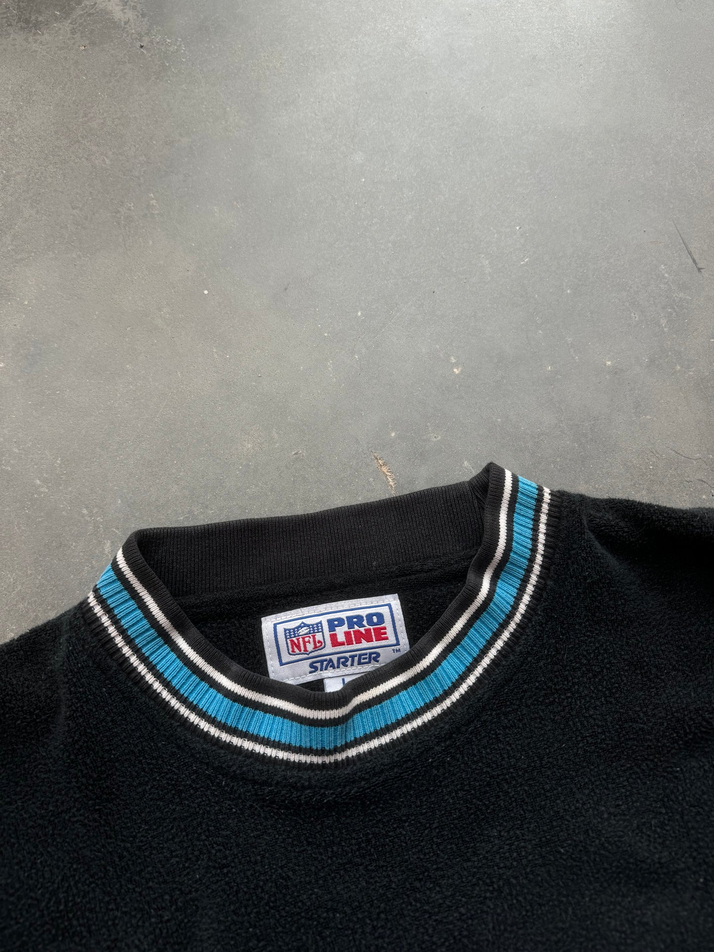 90’s Carolina Panthers Vintage Starter Reverse Fleece Ribbed Embroidered NFL Heavyweight Crewneck (Large)