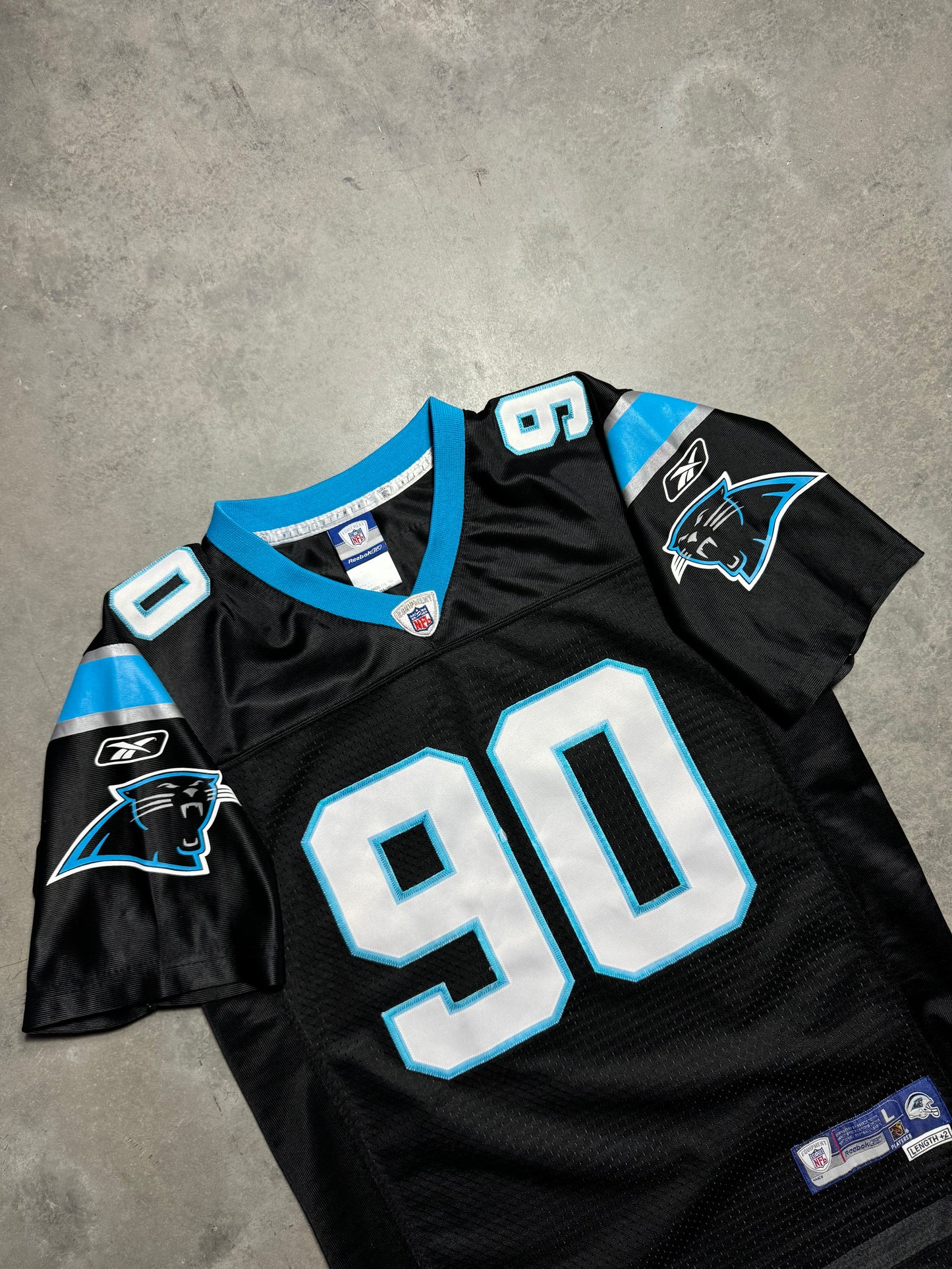 00’s Carolina Panthers Julius Peppers Vintage Black Reebok Stitched NFL Jersey (Youth Large)