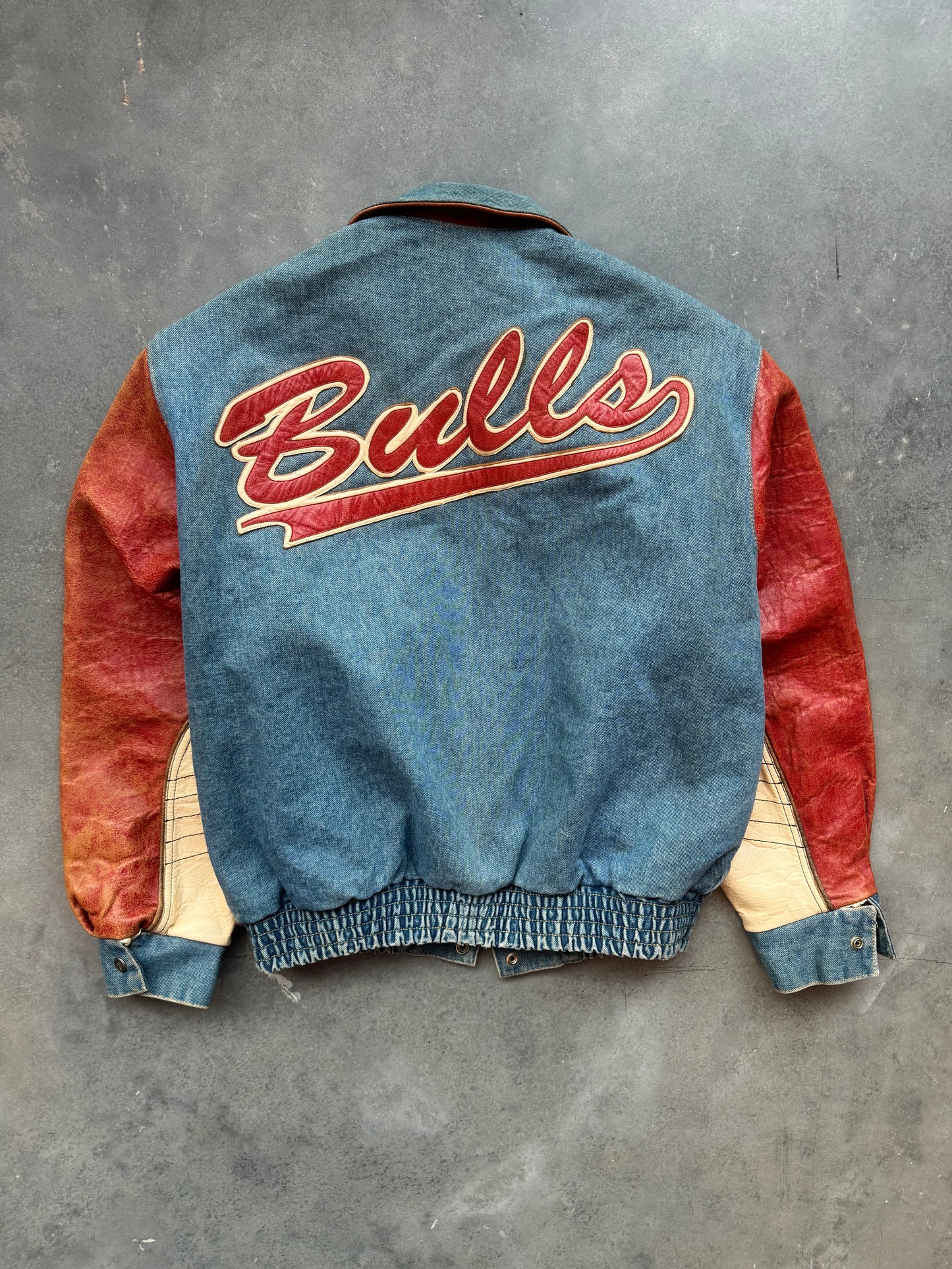 90’s Chicago Bulls Vintage Denim Leather Script Spellout Varsity NBA Jacket (Medium)