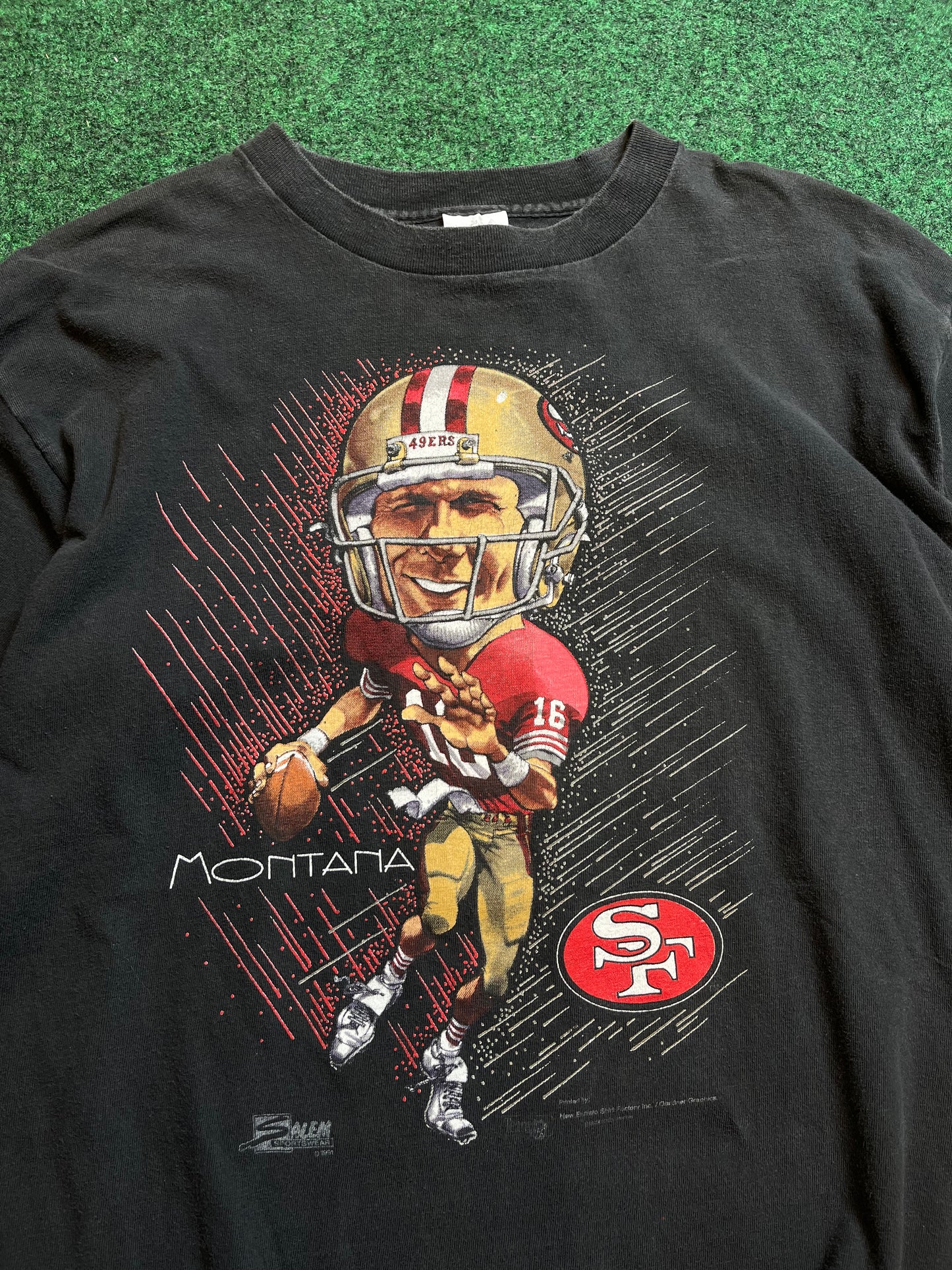 1991 San Francisco 49ers Joe Montana Vintage Salem Sportswear Caricature Tee (Large)