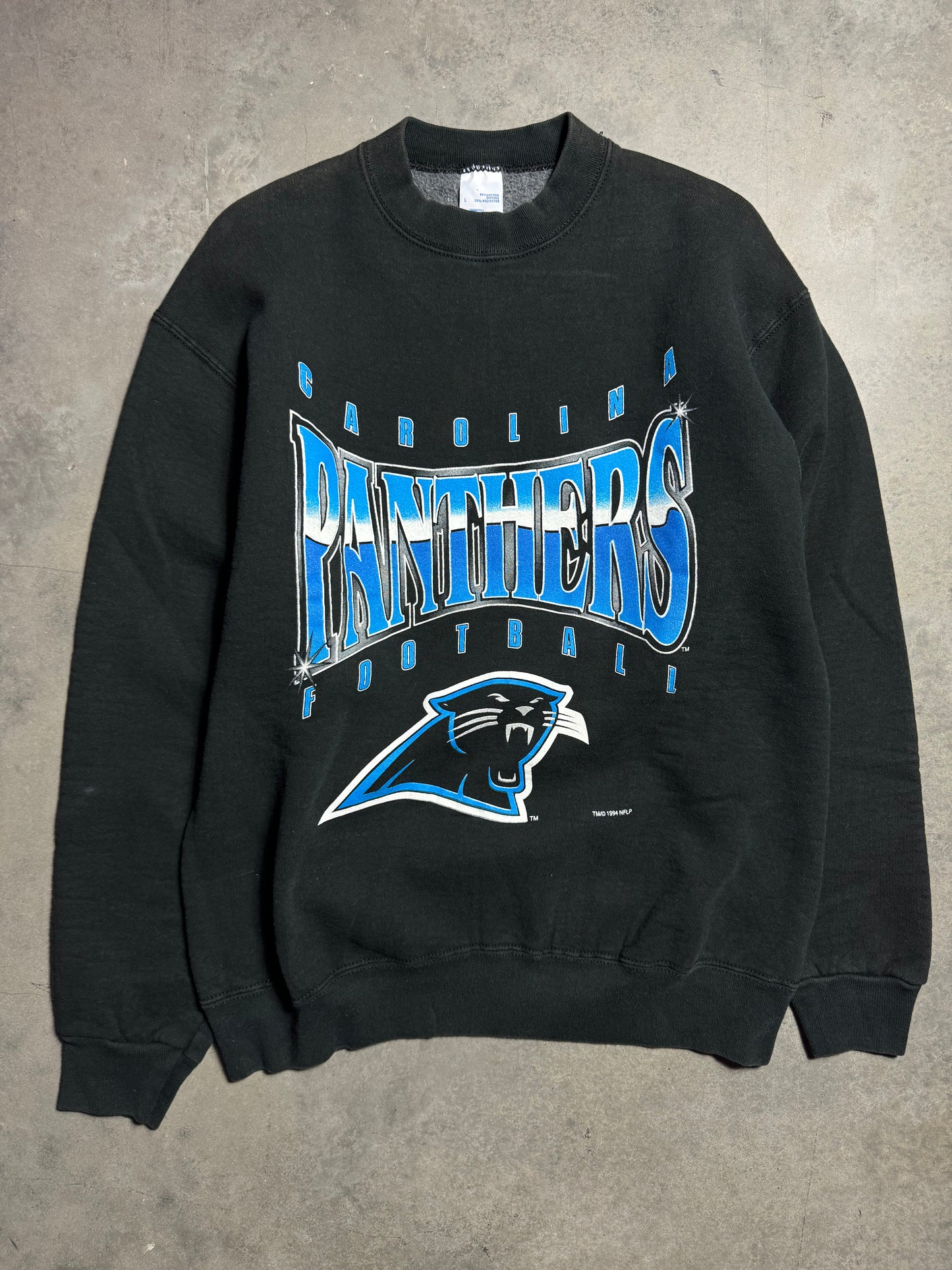 1994 Carolina Panthers Vintage Black Salem Sportswear Heavyweight Chrome Spellout NFL Crewneck (Large)