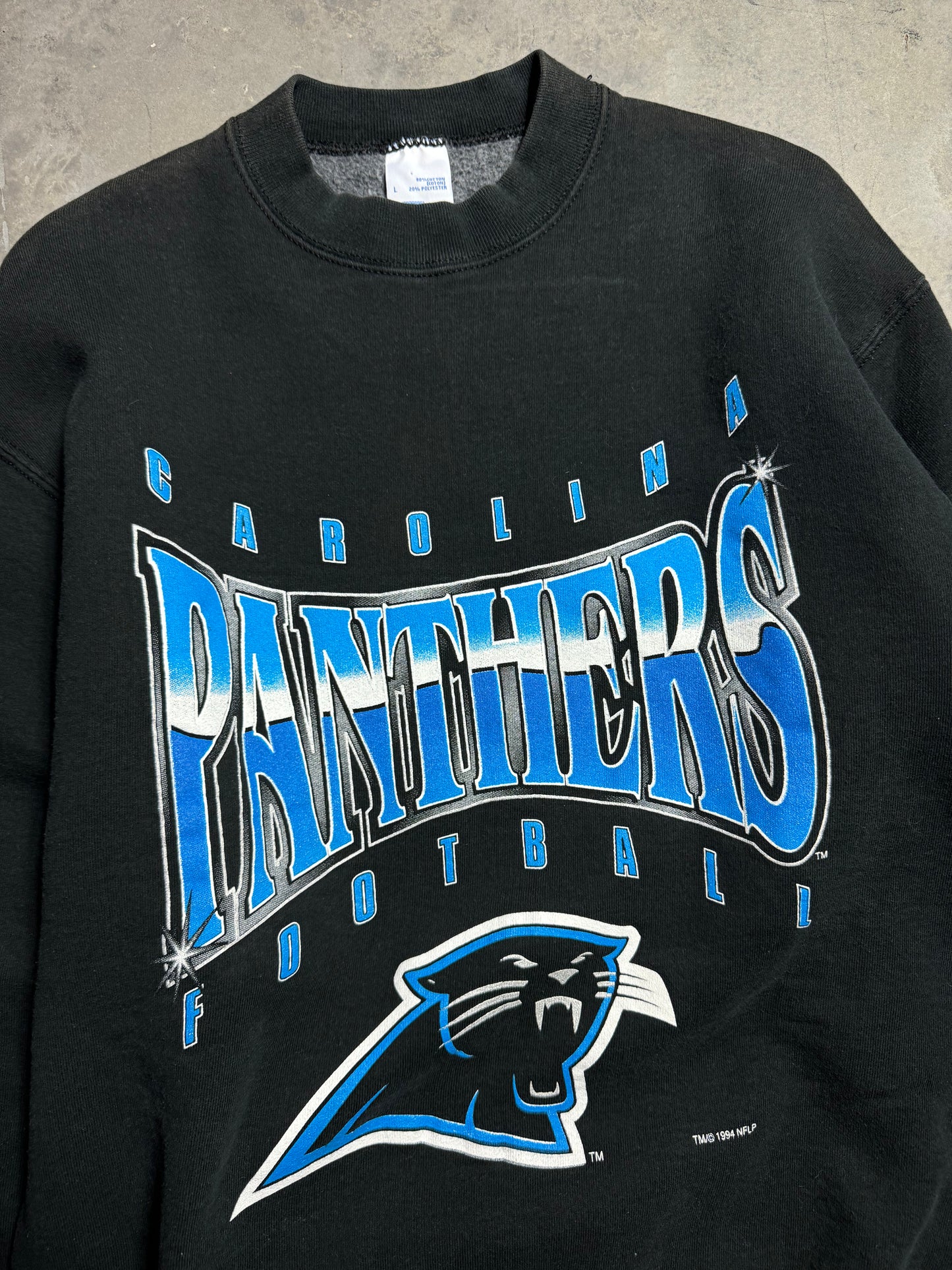 1994 Carolina Panthers Vintage Black Salem Sportswear Heavyweight Chrome Spellout NFL Crewneck (Large)