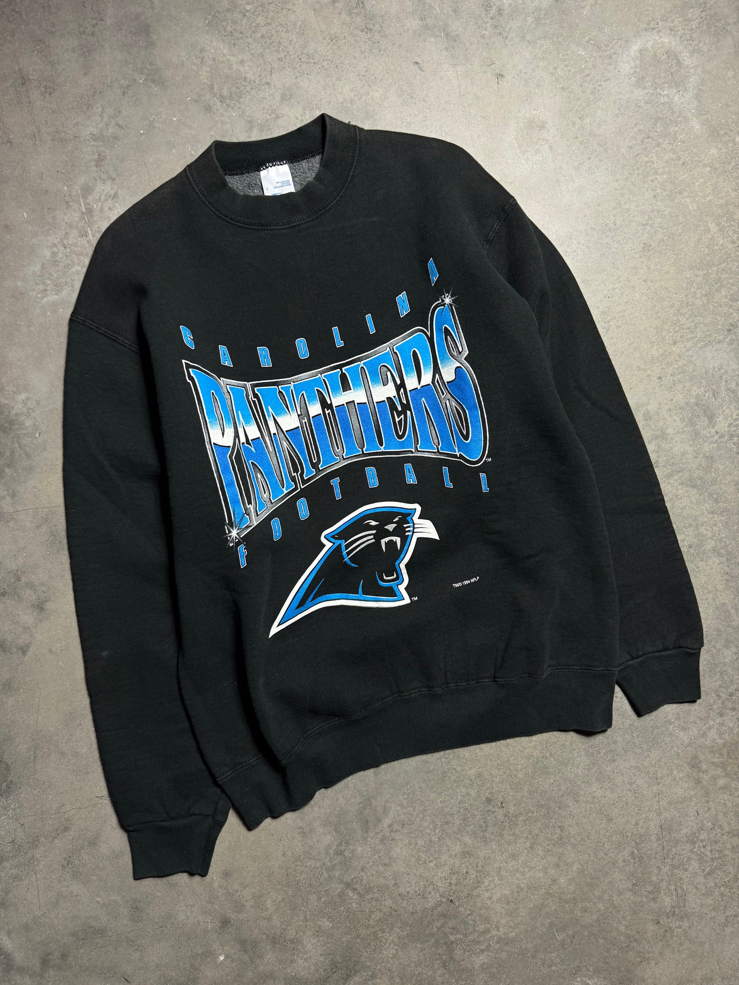 1994 Carolina Panthers Vintage Black Salem Sportswear Heavyweight Chrome Spellout NFL Crewneck (Large)