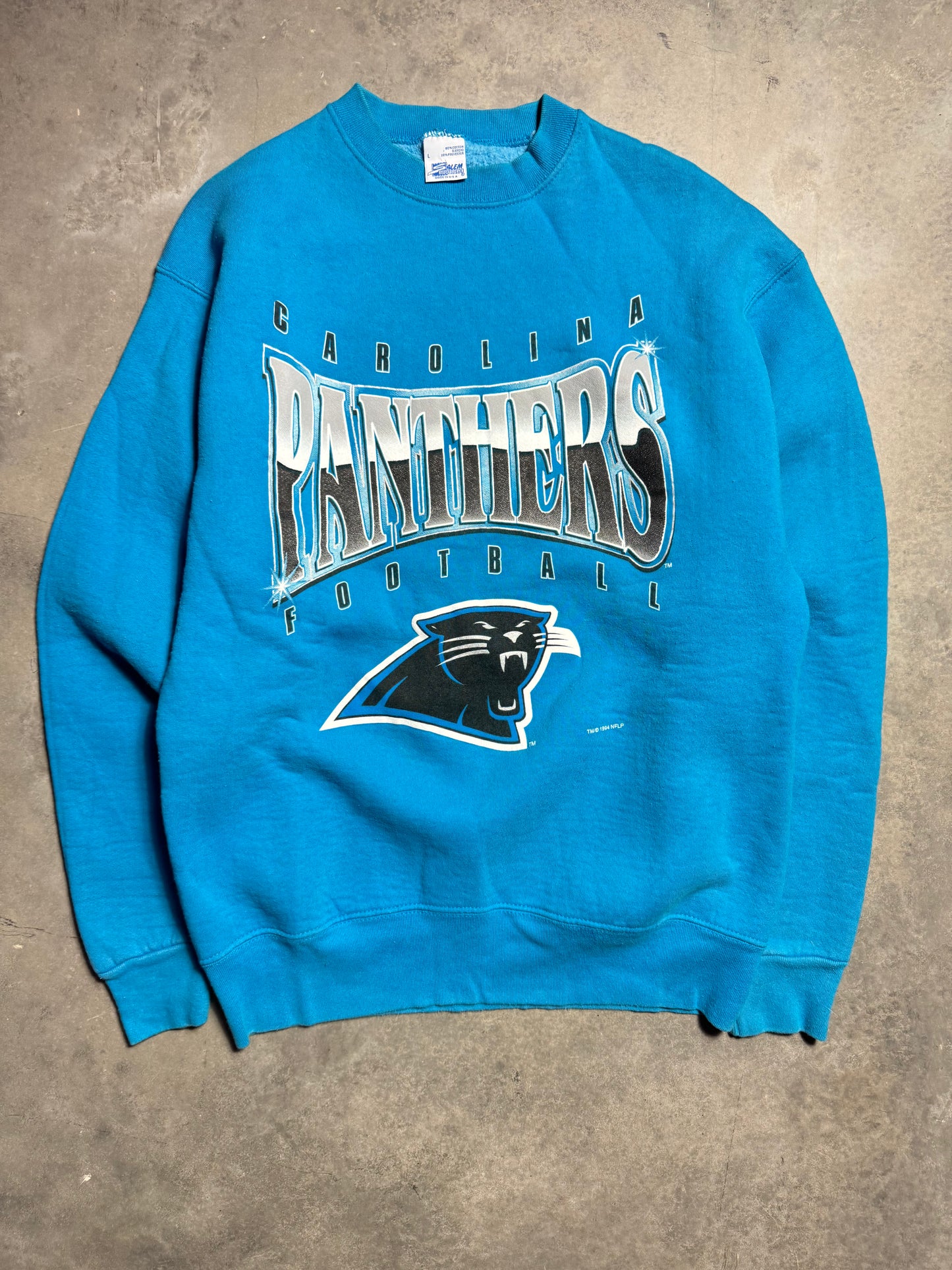 1994 Carolina Panthers Vintage Blue Salem Sportswear Heavyweight Chrome Spellout NFL Crewneck (Large)