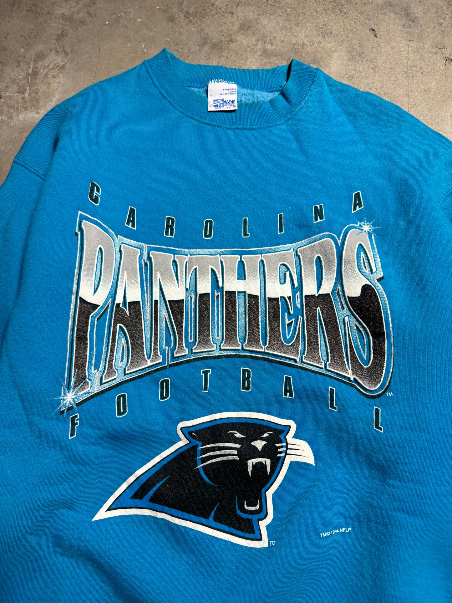 1994 Carolina Panthers Vintage Blue Salem Sportswear Heavyweight Chrome Spellout NFL Crewneck (Large)