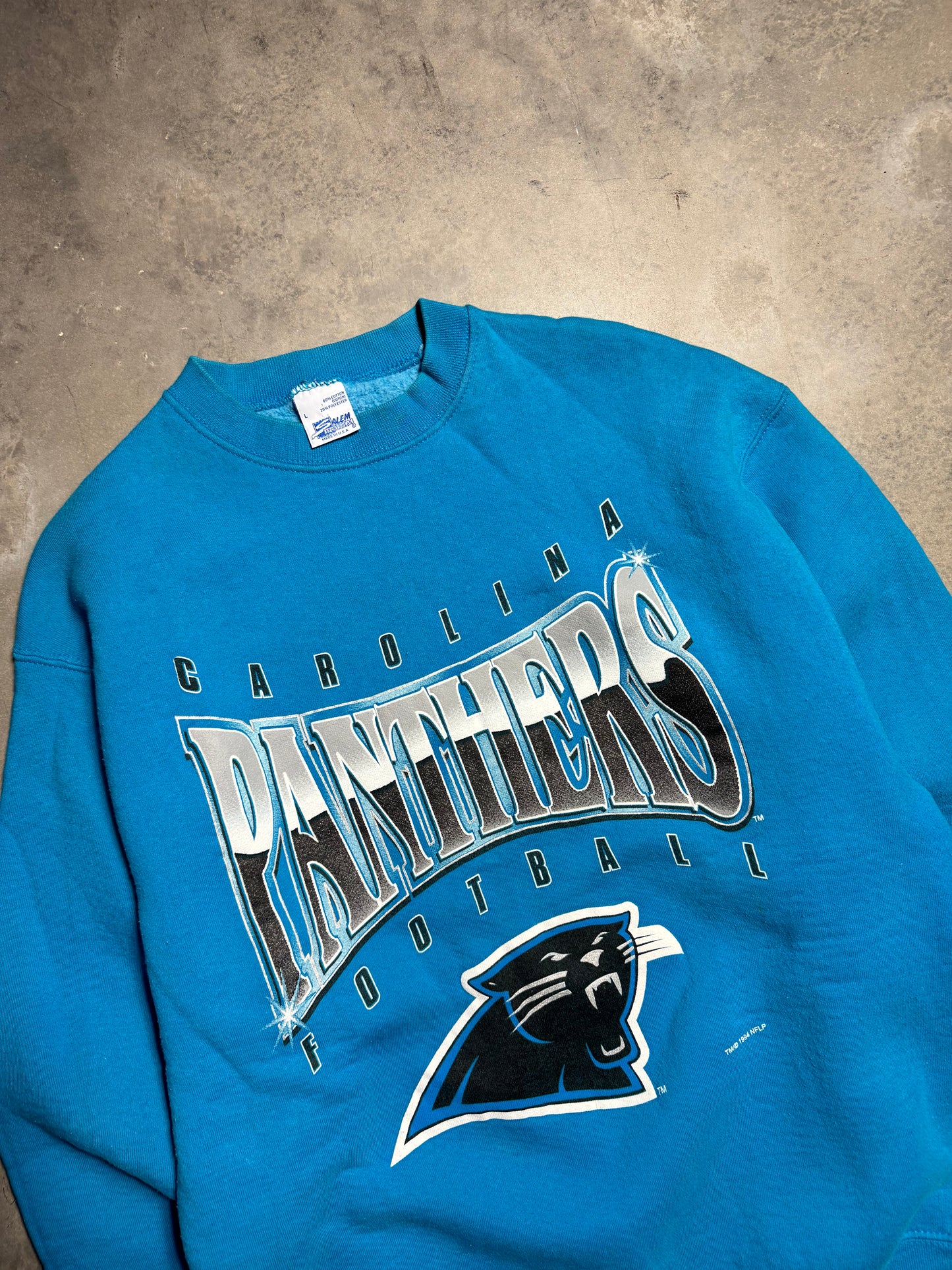 1994 Carolina Panthers Vintage Blue Salem Sportswear Heavyweight Chrome Spellout NFL Crewneck (Large)