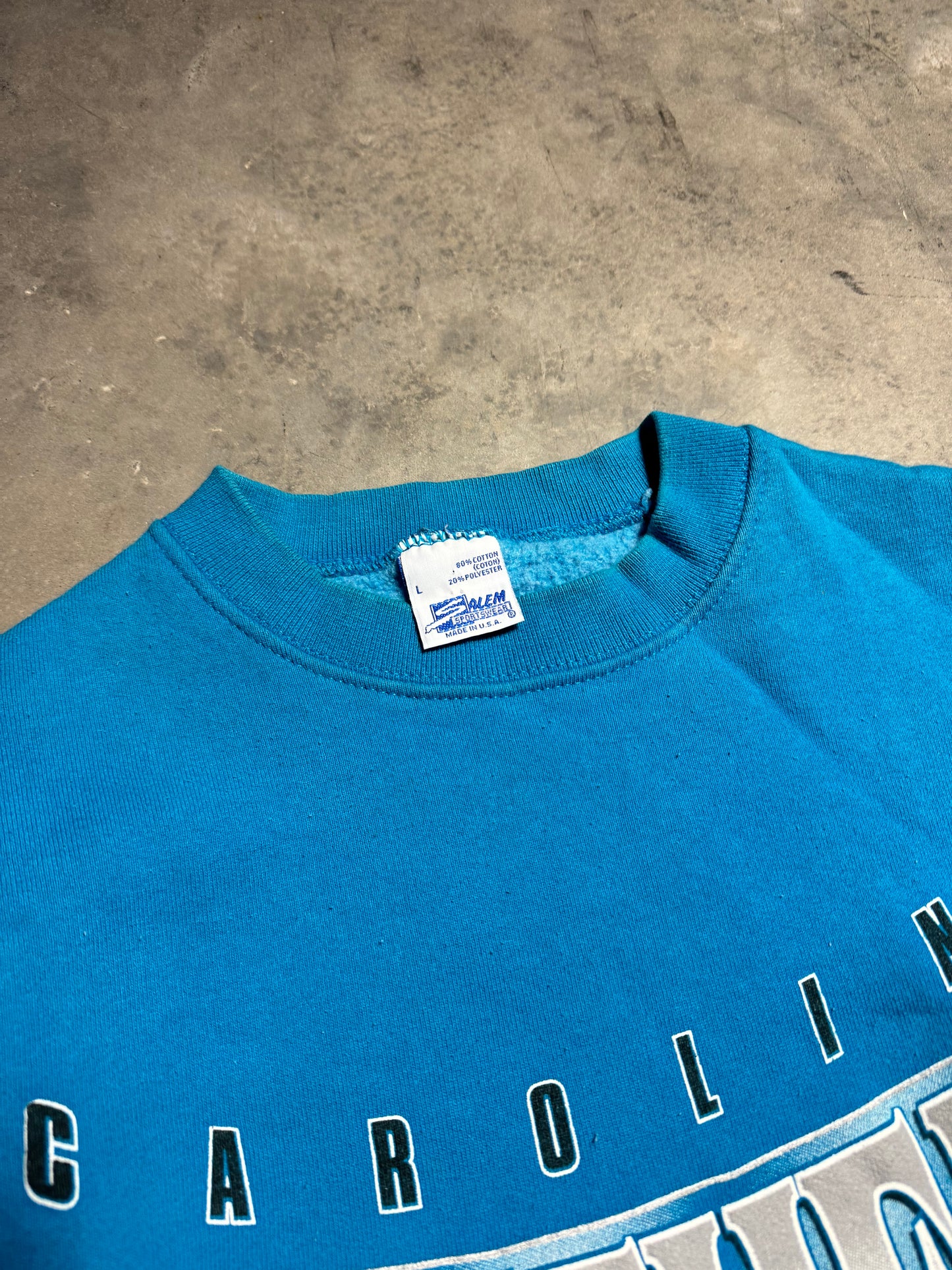 1994 Carolina Panthers Vintage Blue Salem Sportswear Heavyweight Chrome Spellout NFL Crewneck (Large)