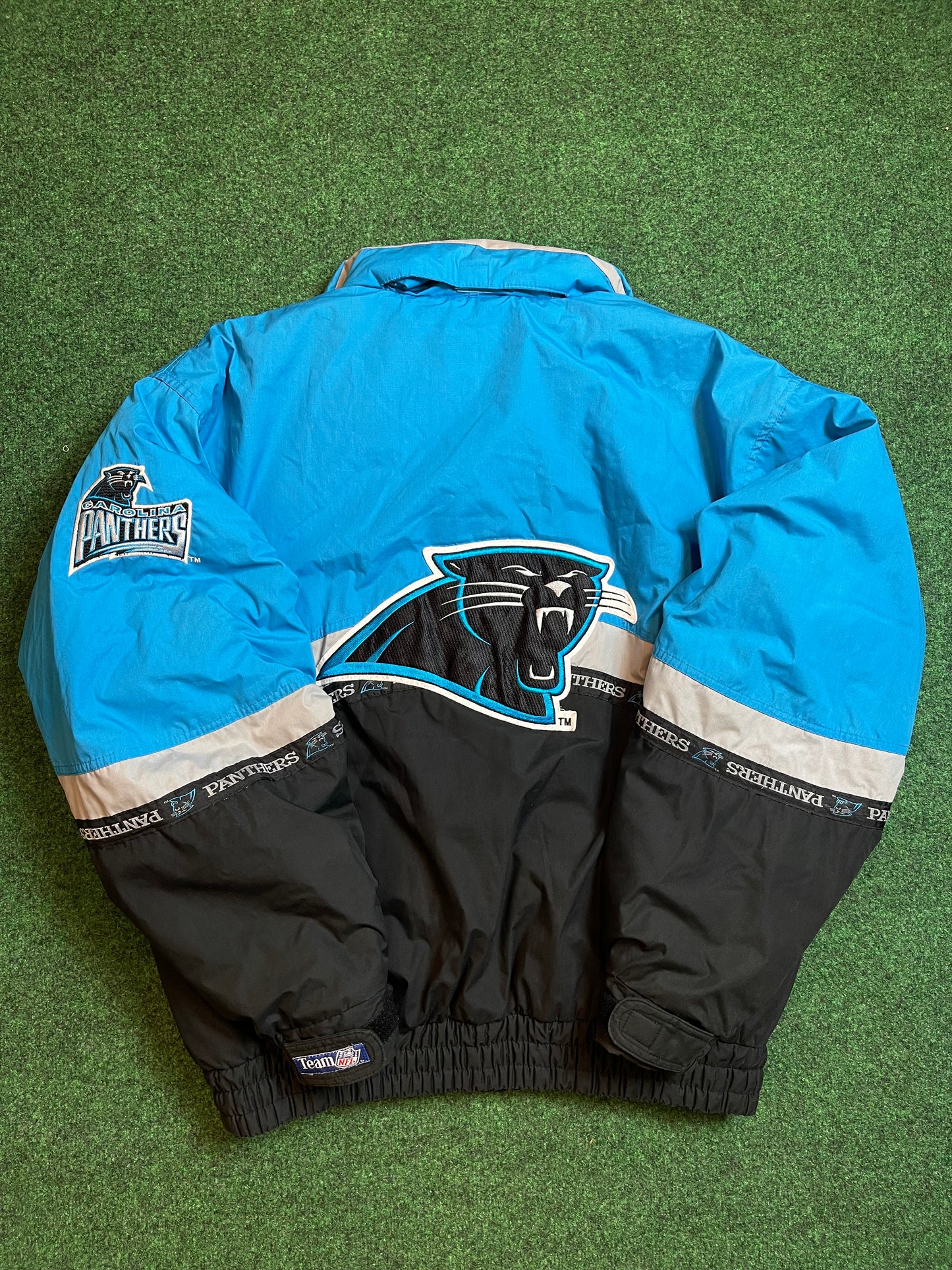 90’s Carolina Panthers Vintage Triple Fat Goose Logo Lined NFL Puffer Jacket (XL)