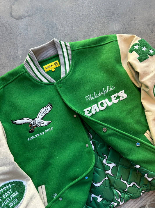 Philadelphia Eagles x GOLF WANG x NFL Kelly Green Leather Wool Chenille Patch Letterman Jacket - Deadstock (Large)