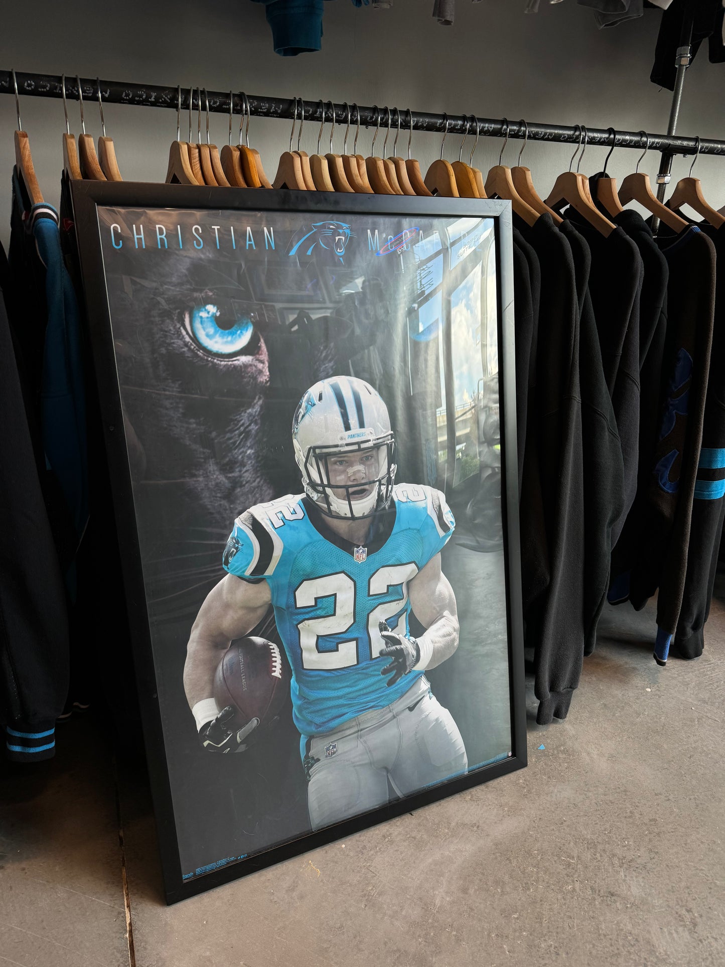 2017 Carolina Panthers Christian McCaffrey Rookie Season Panther Eyes Framed NFL Poster (23.5” x 25”