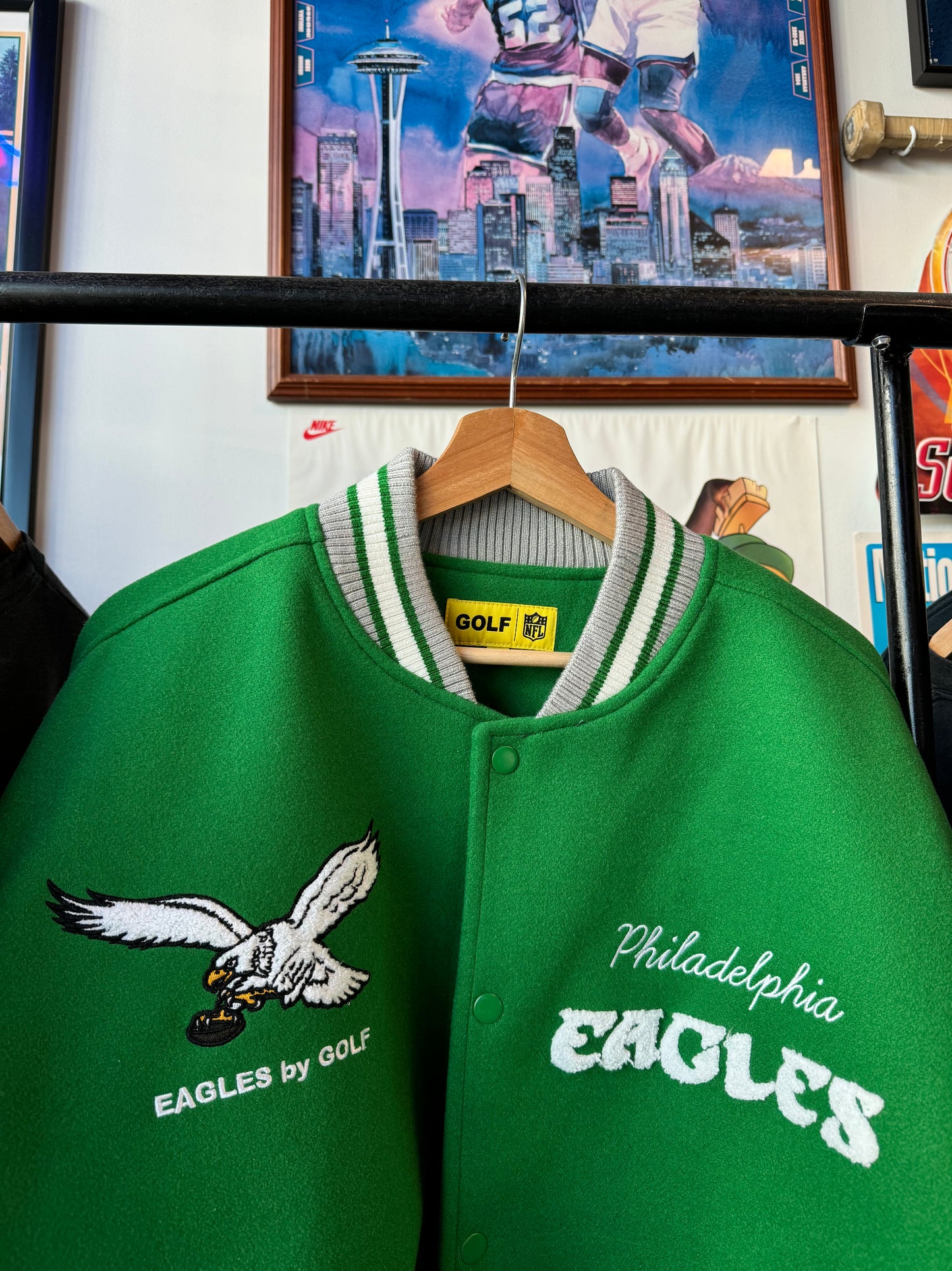 Philadelphia Eagles x GOLF WANG x NFL Kelly Green Leather Wool Chenille Patch Letterman Jacket - Deadstock (Large)