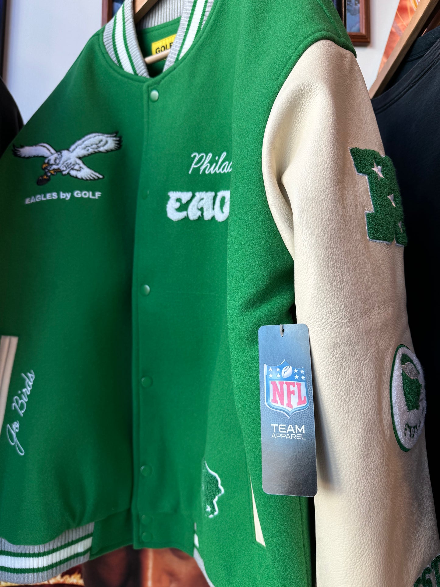 Philadelphia Eagles x GOLF WANG x NFL Kelly Green Leather Wool Chenille Patch Letterman Jacket - Deadstock (Large)