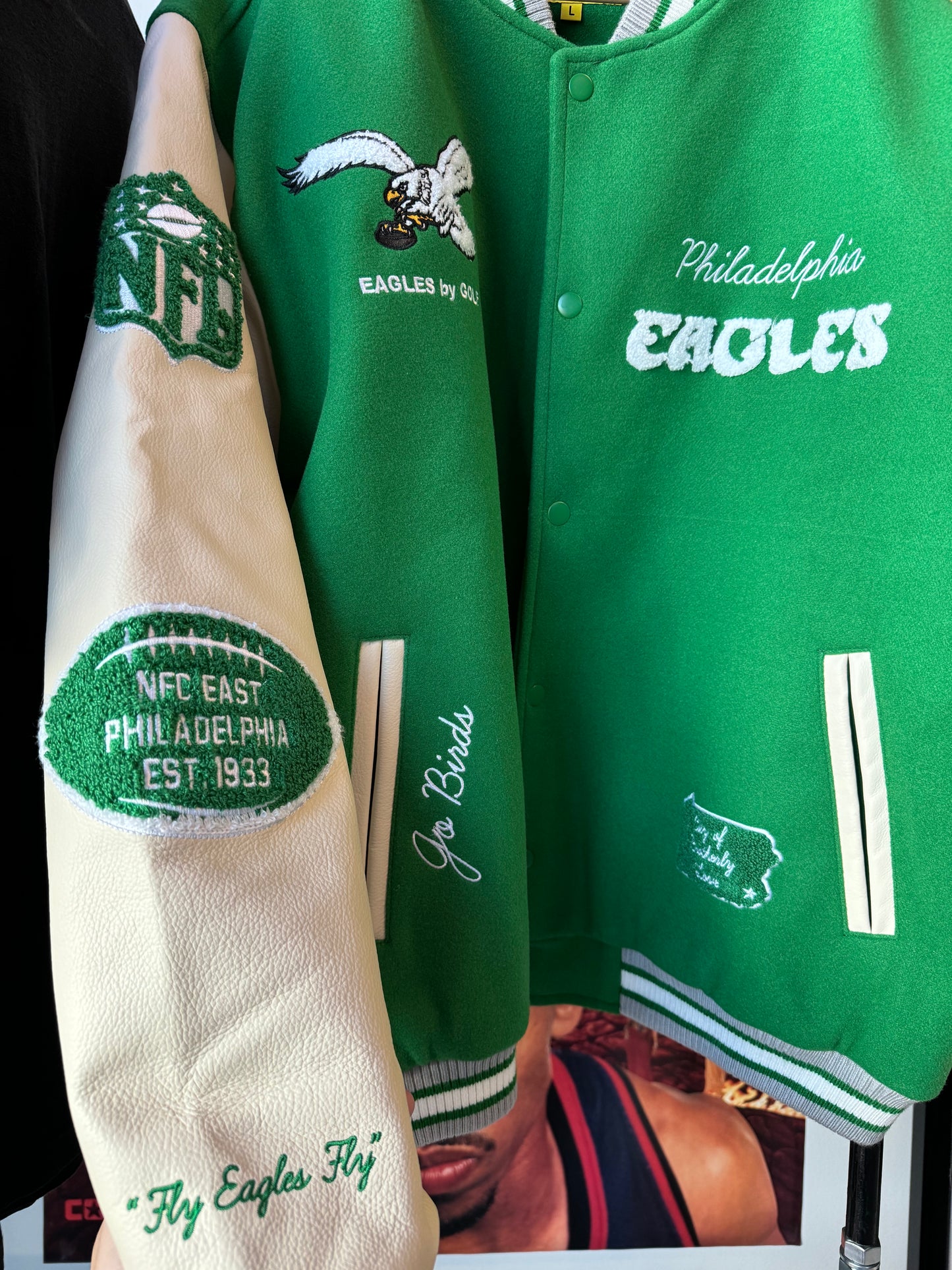 Philadelphia Eagles x GOLF WANG x NFL Kelly Green Leather Wool Chenille Patch Letterman Jacket - Deadstock (Large)