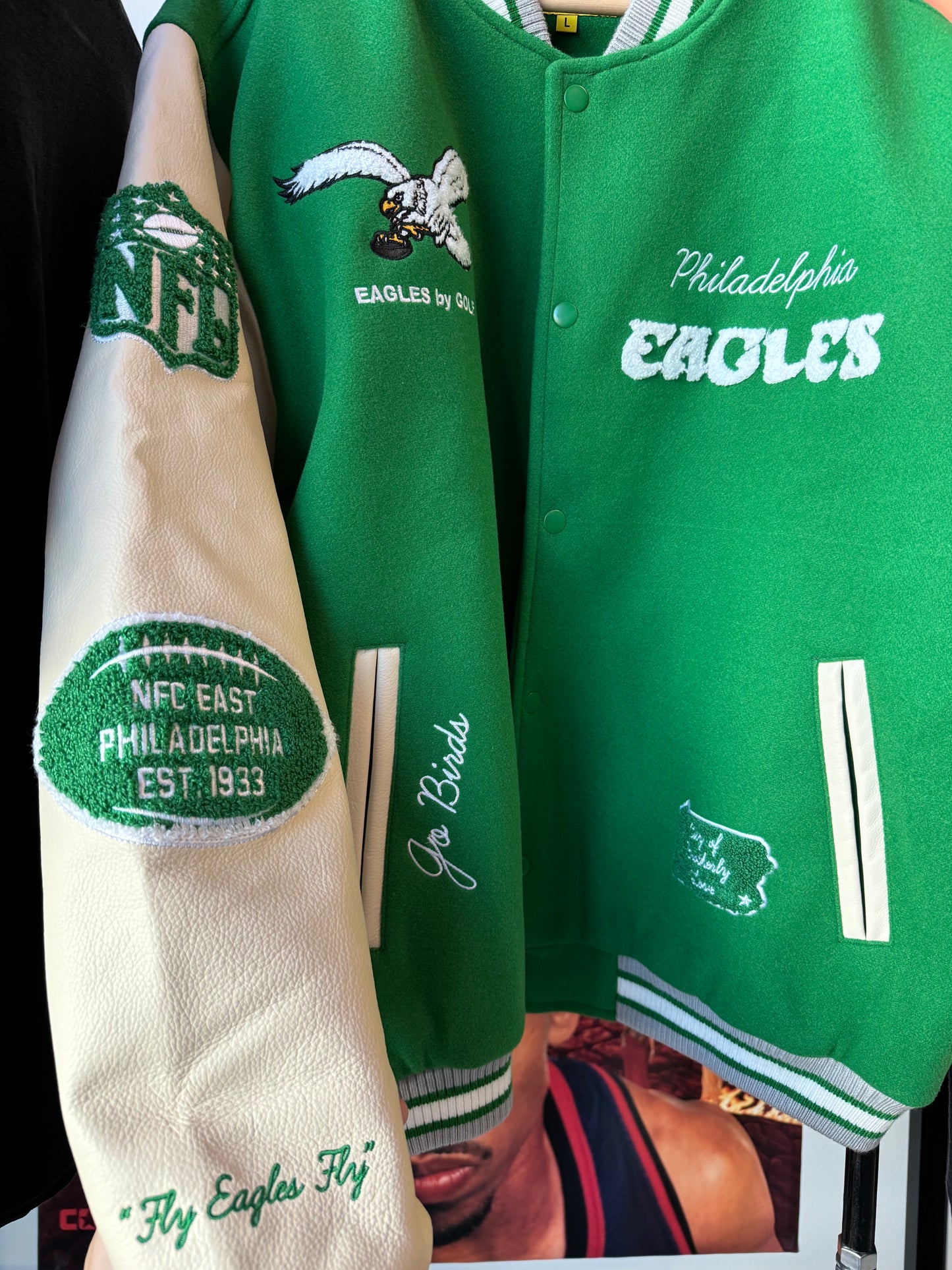 Philadelphia Eagles x GOLF WANG x NFL Kelly Green Leather Wool Chenille Patch Letterman Jacket - Deadstock (Large)