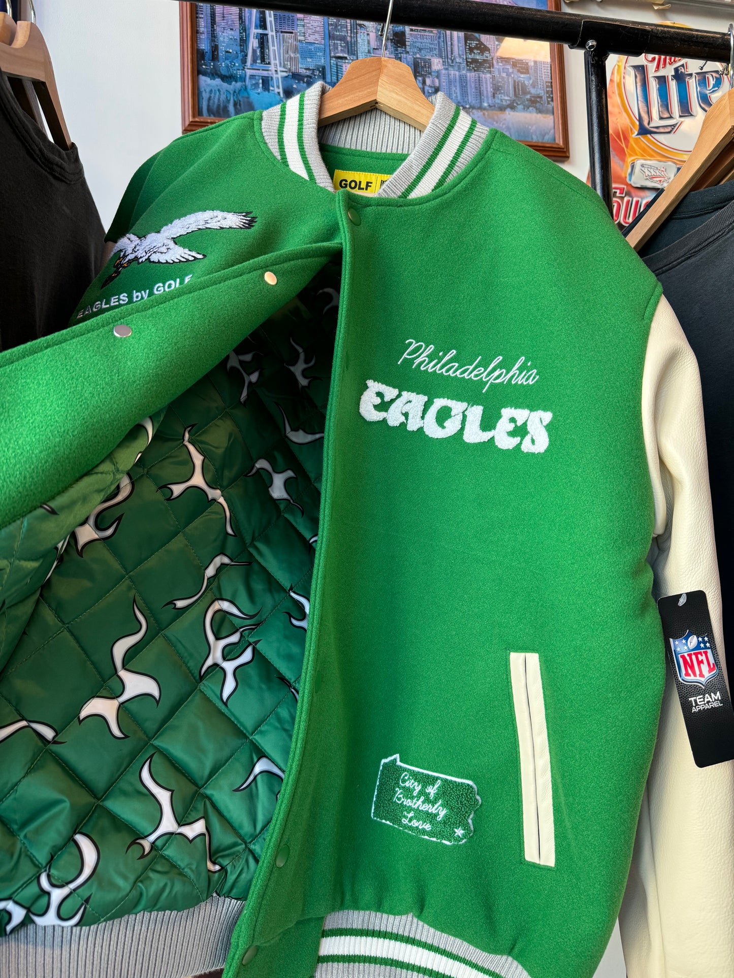 Philadelphia Eagles x GOLF WANG x NFL Kelly Green Leather Wool Chenille Patch Letterman Jacket - Deadstock (Large)