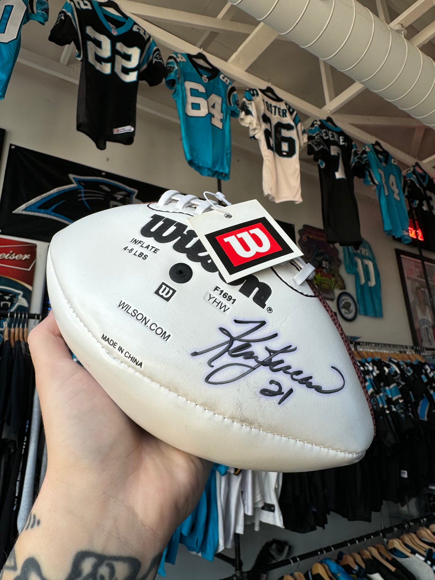 00’s Carolina Panthers Ken Lucas Vintage Cat Scratch Font Wilson Panel Autographed NFL Mini Football