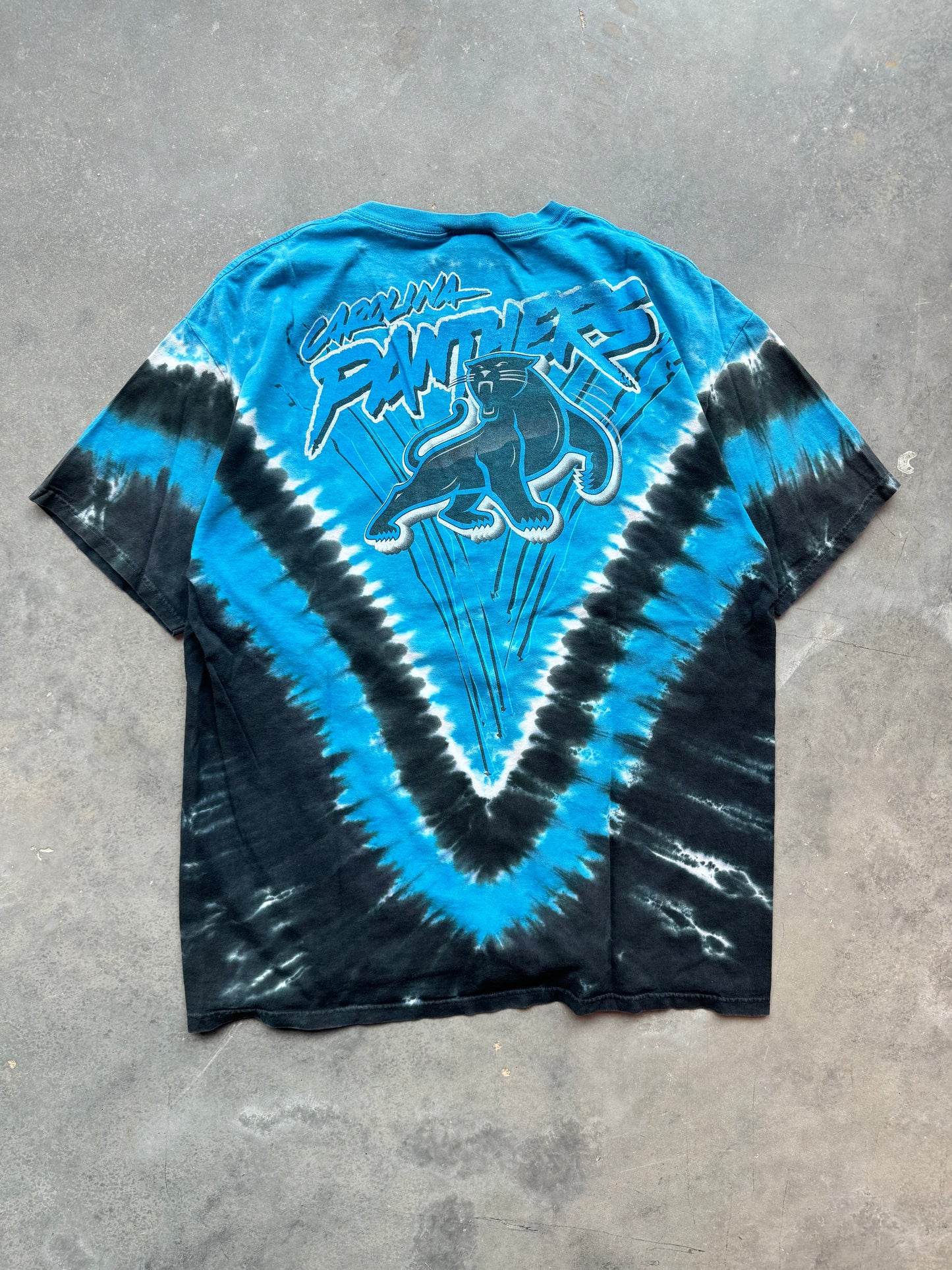 00’s Carolina Panthers Vintage Majestic Tie Dye Full Panther Alternate Logo NFL Tee (XXL)