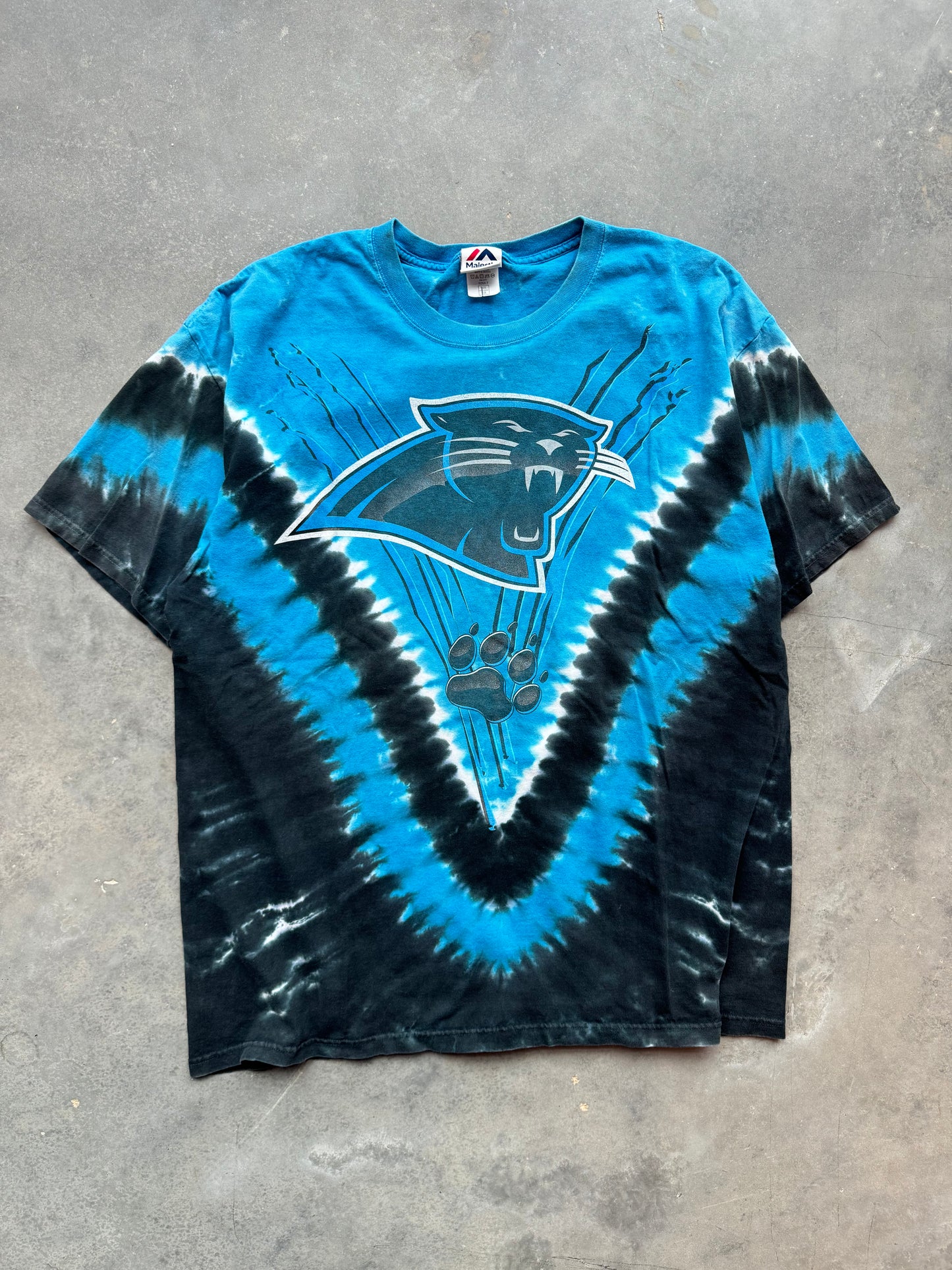 00’s Carolina Panthers Vintage Majestic Tie Dye Full Panther Alternate Logo NFL Tee (XXL)