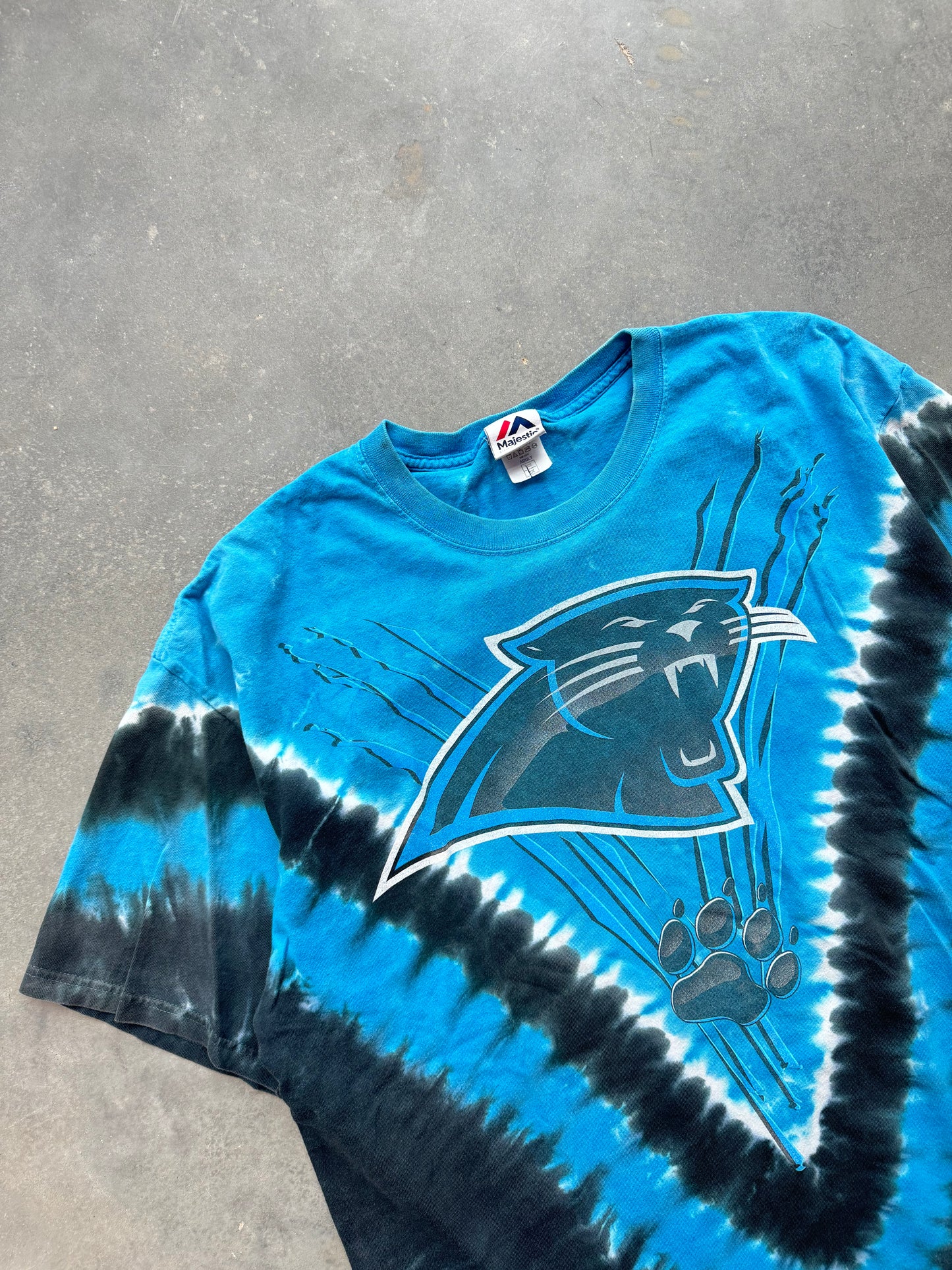 00’s Carolina Panthers Vintage Majestic Tie Dye Full Panther Alternate Logo NFL Tee (XXL)