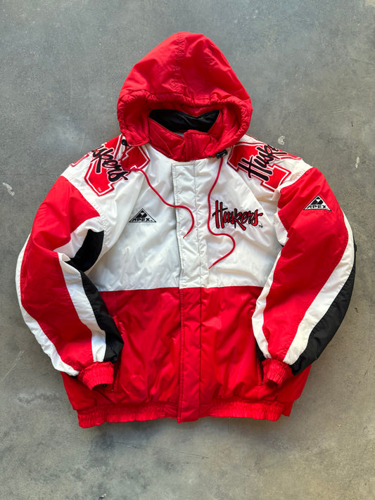 90’s Nebraska Cornhuskers Vintage Apex One Colorblocked Big Logo College Puffer Jacket (XL)