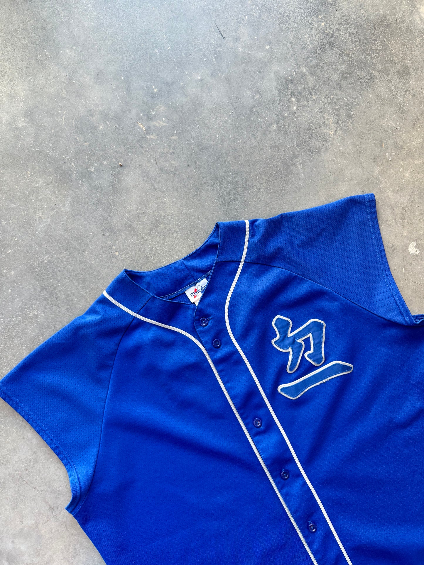 90’s Los Angeles Dodgers Vintage Japanese Logo Blue Majestic Batting Practice Style MLB Jersey (XXL)