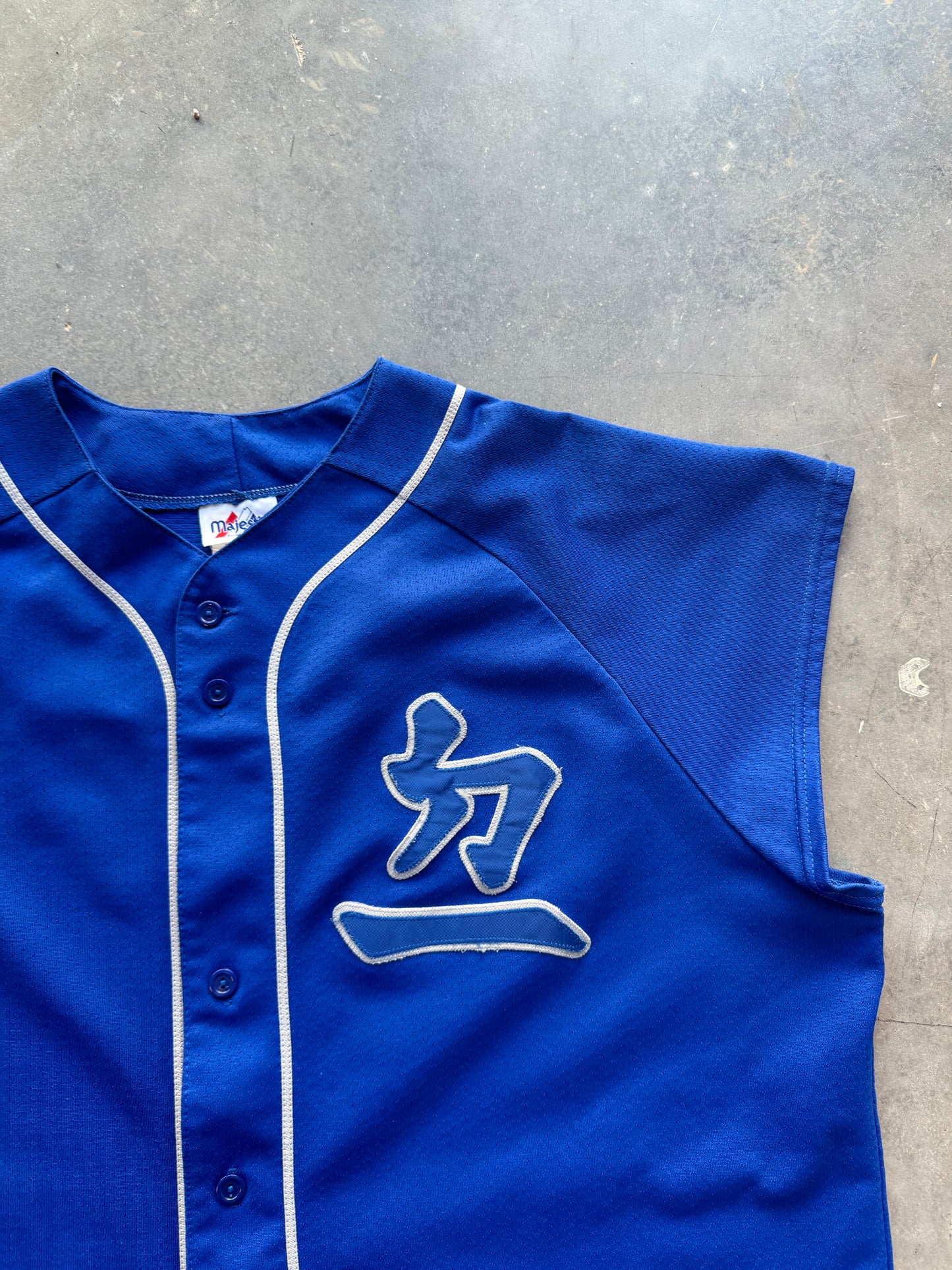 90’s Los Angeles Dodgers Vintage Japanese Logo Blue Majestic Batting Practice Style MLB Jersey (XXL)