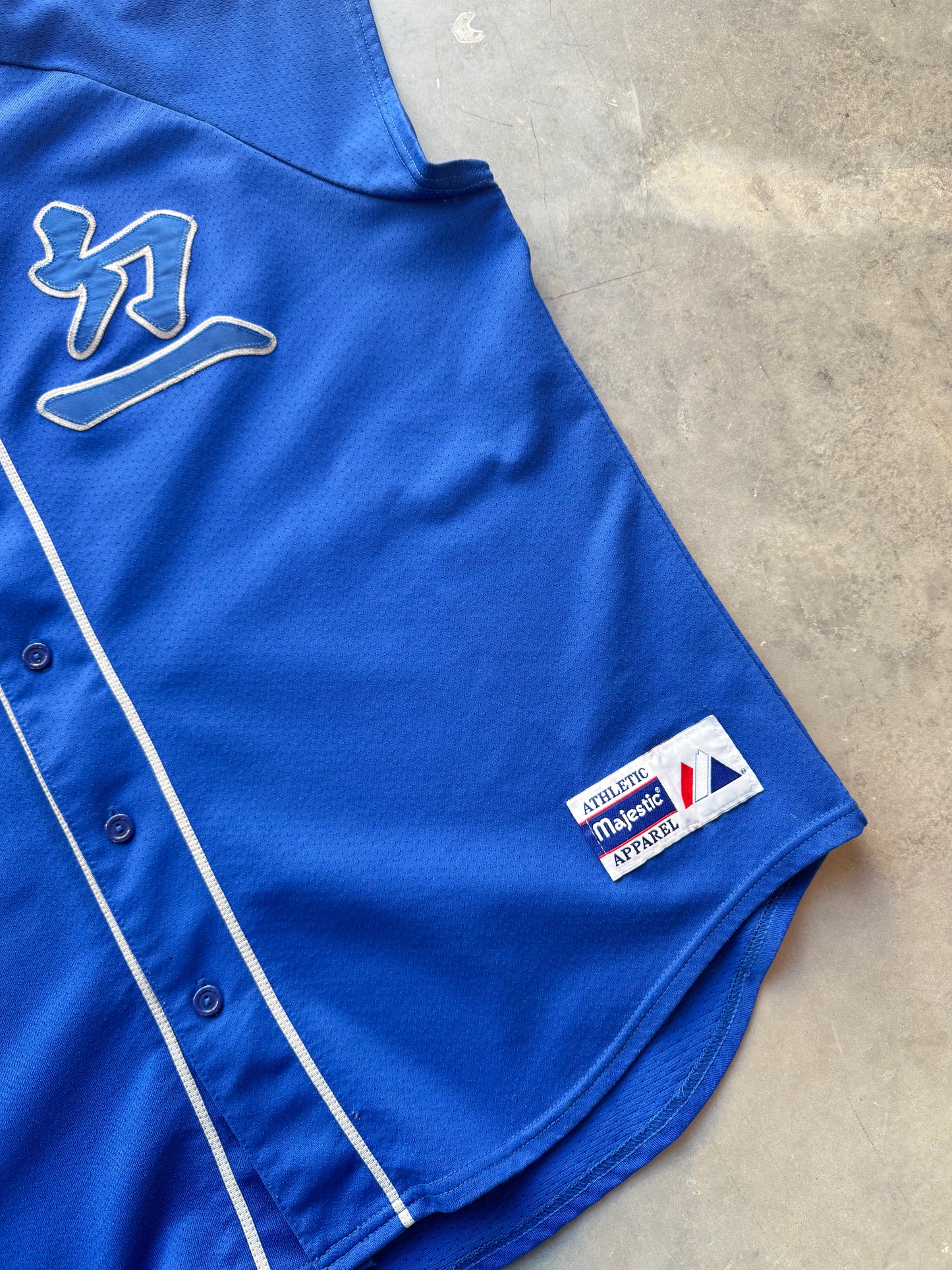 90’s Los Angeles Dodgers Vintage Japanese Logo Blue Majestic Batting Practice Style MLB Jersey (XXL)