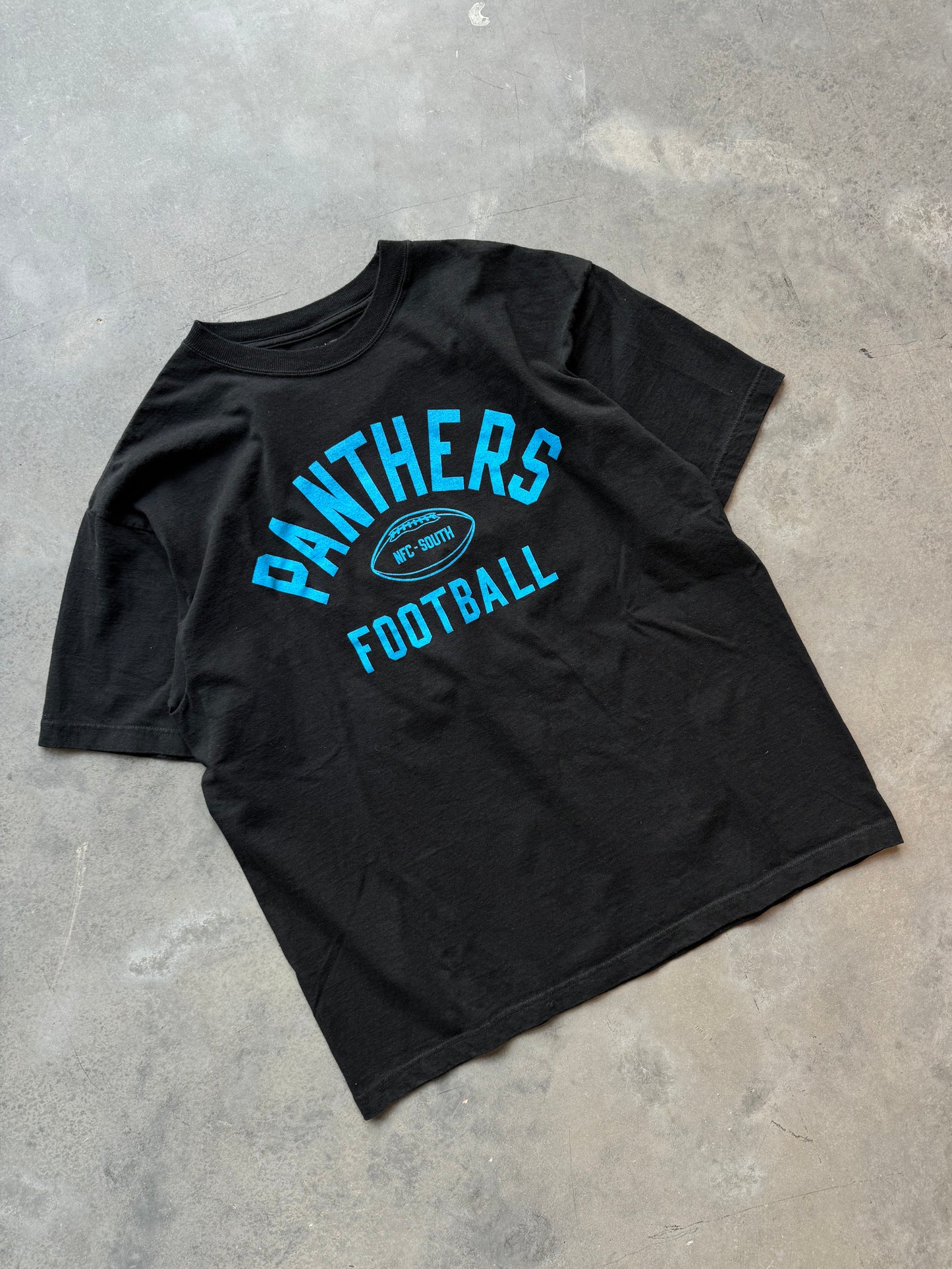 00’s Carolina Panthers Vintage Black Reebok Practice Style Block Letter Spellout NFL Tee (Large)