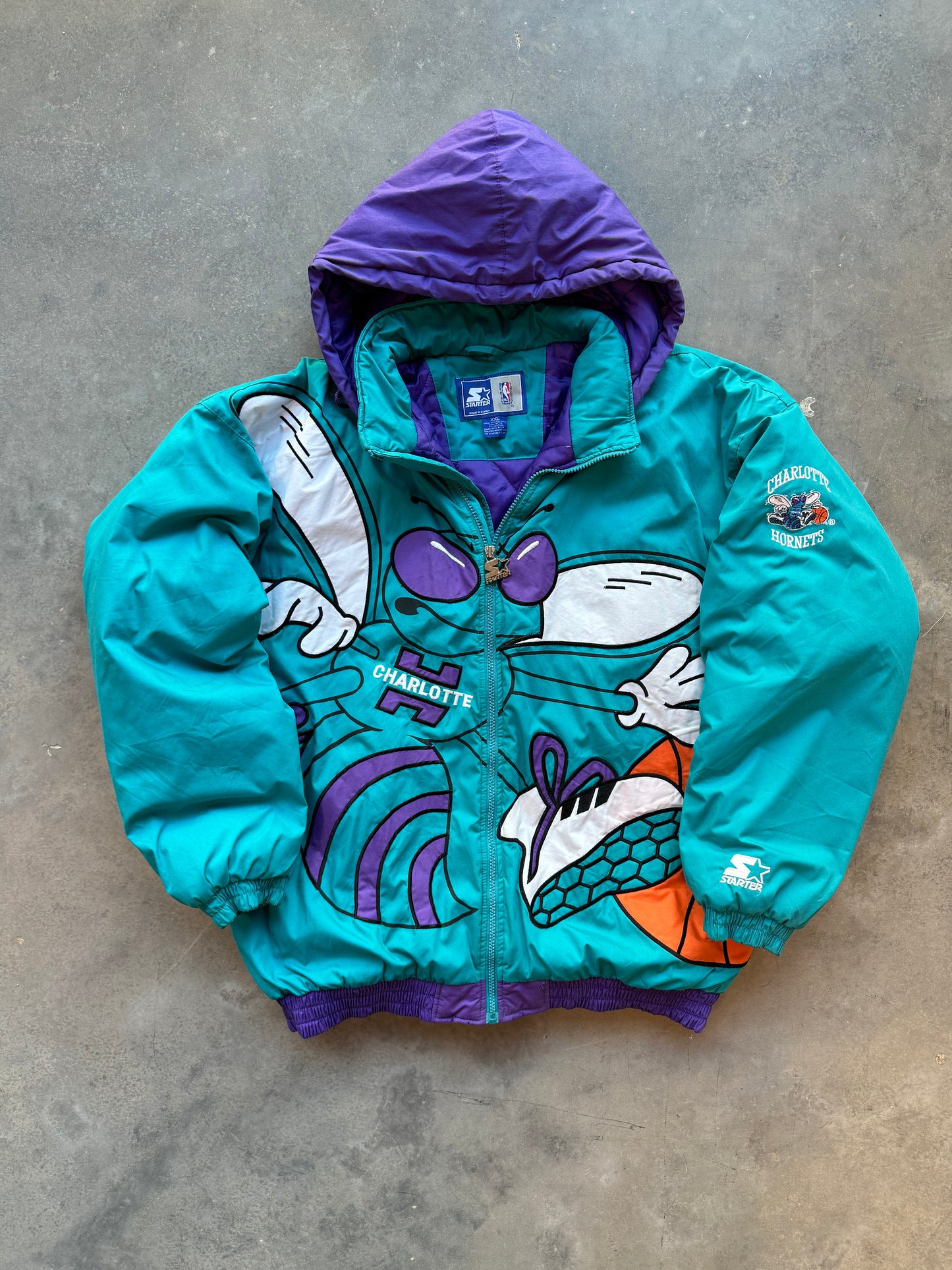 90’s Charlotte Hornets Vintage Starter Teal Big Logo Hugo Embroidered J. Cole 2019 NBA All Star Game NBA Puffer Jacket (XXL)