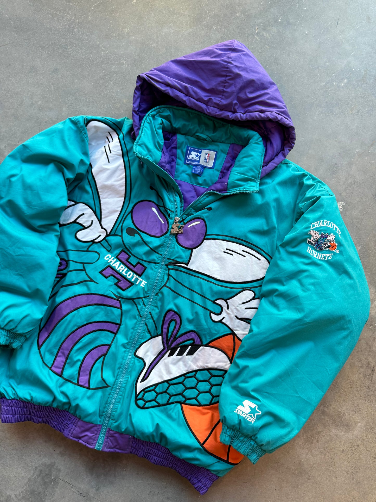 90’s Charlotte Hornets Vintage Starter Teal Big Logo Hugo Embroidered J. Cole 2019 NBA All Star Game NBA Puffer Jacket (XXL)