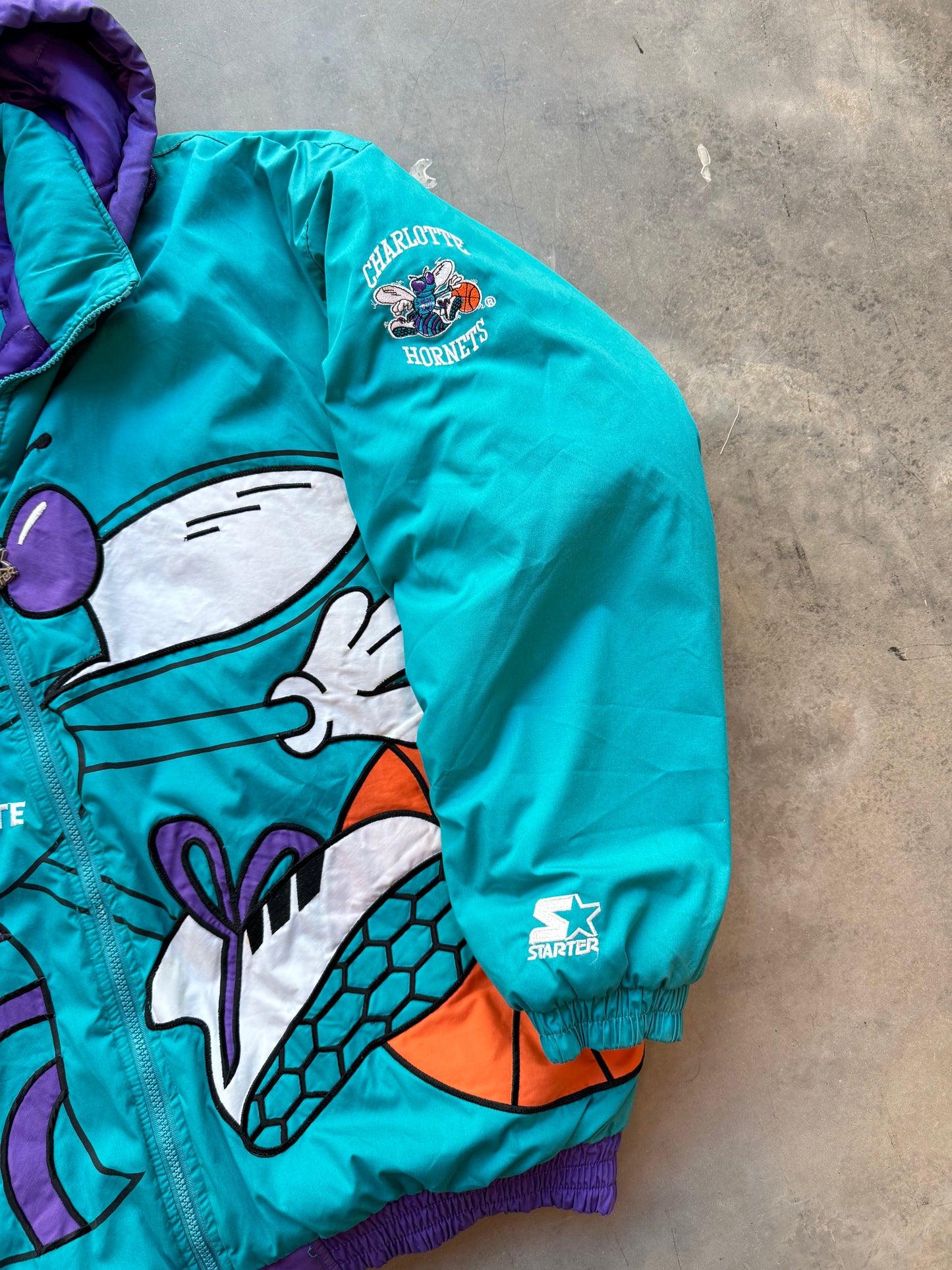 90’s Charlotte Hornets Vintage Starter Teal Big Logo Hugo Embroidered J. Cole 2019 NBA All Star Game NBA Puffer Jacket (XXL)