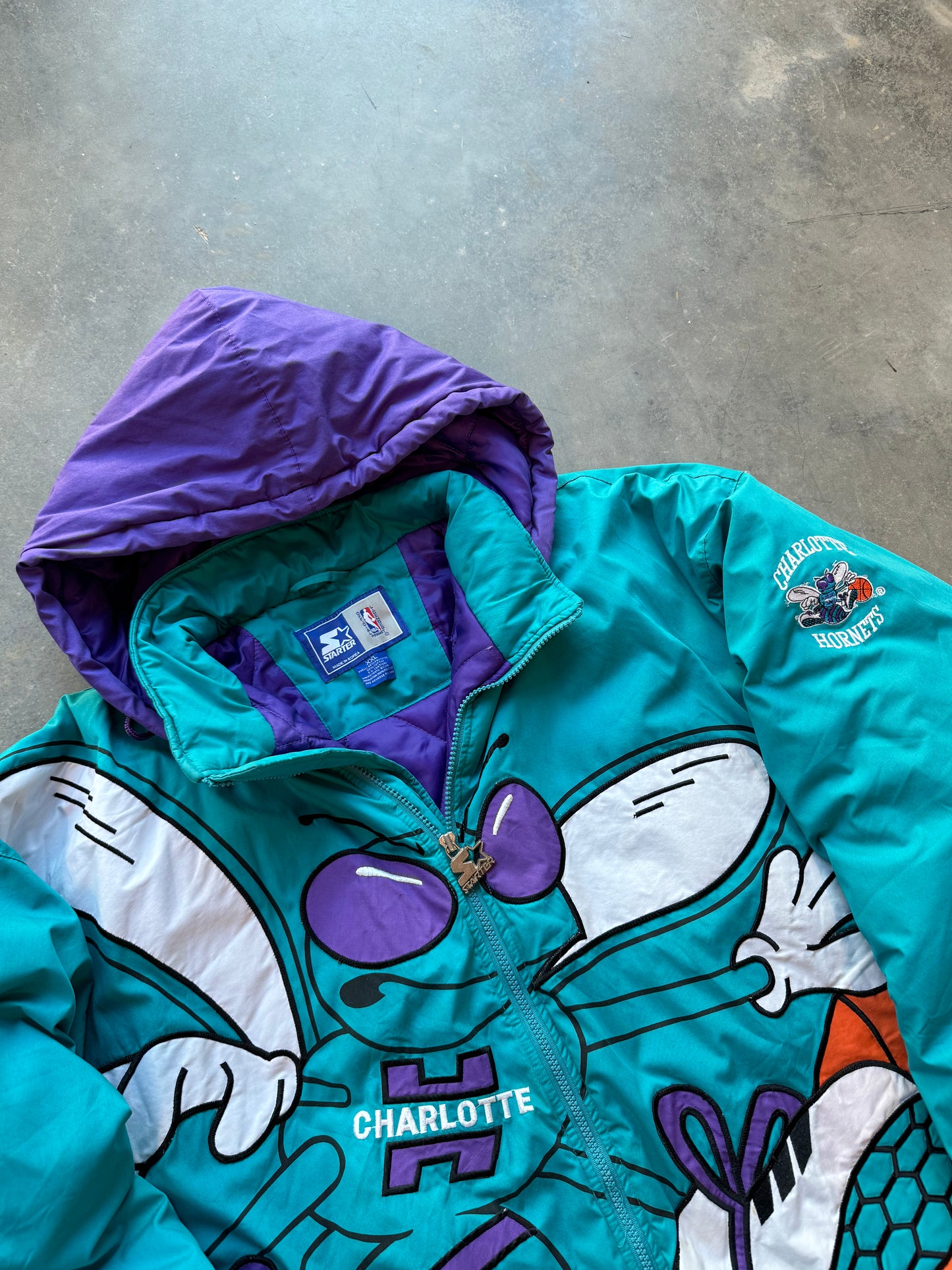 90’s Charlotte Hornets Vintage Starter Teal Big Logo Hugo Embroidered J. Cole 2019 NBA All Star Game NBA Puffer Jacket (XXL)